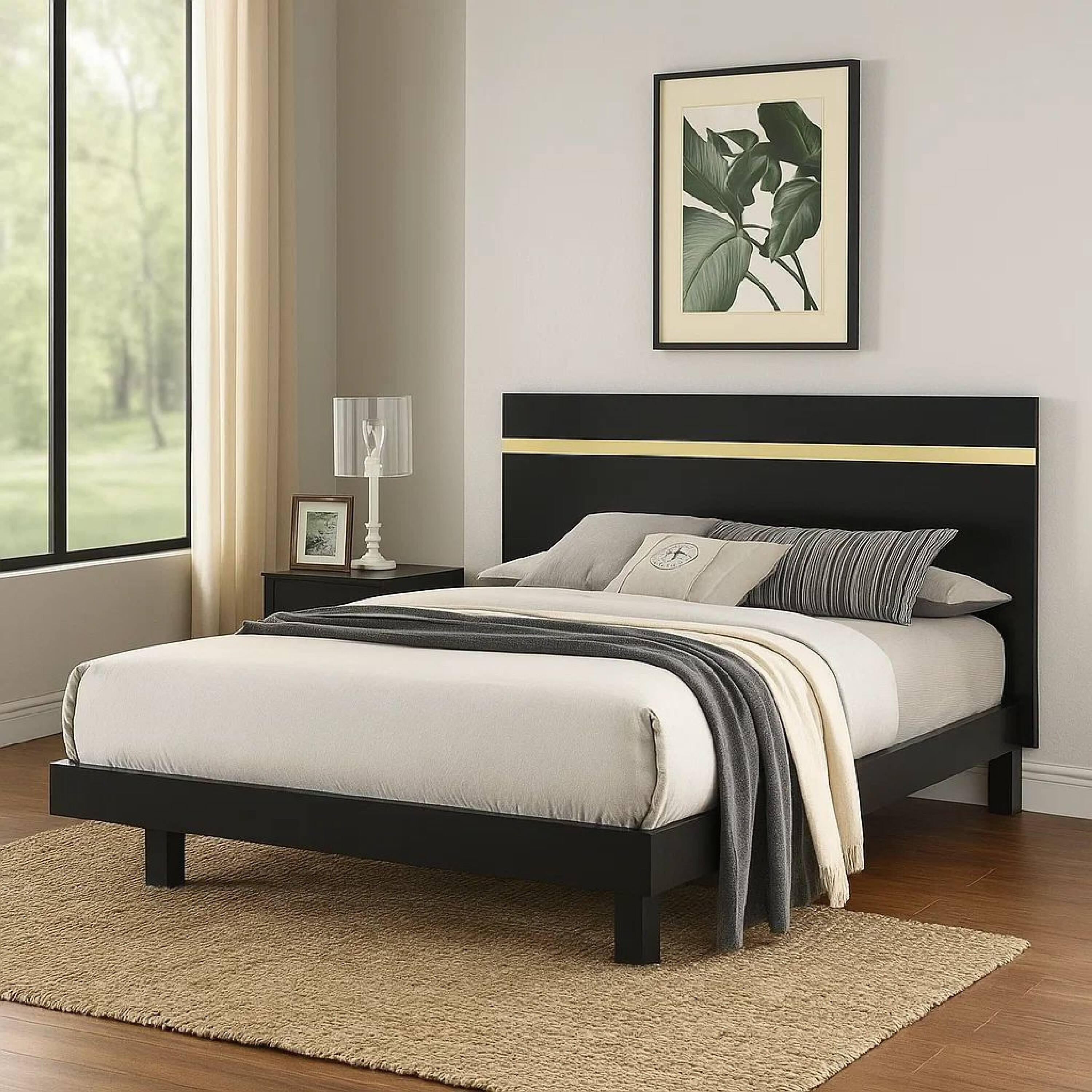 Alt View 6. Manhattan Lane - Yoki Queen Size Bed w Underbed LED, Acrylic Gold Trim, Black Frame - Black, Gold.