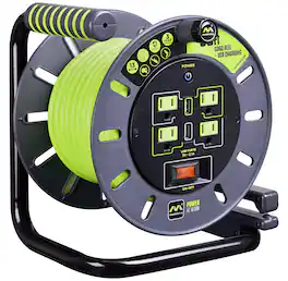Masterplug - 50Ft 4 Sockets 13A 14AWG Medium Open Reel with USB Charging - Green & Grey
