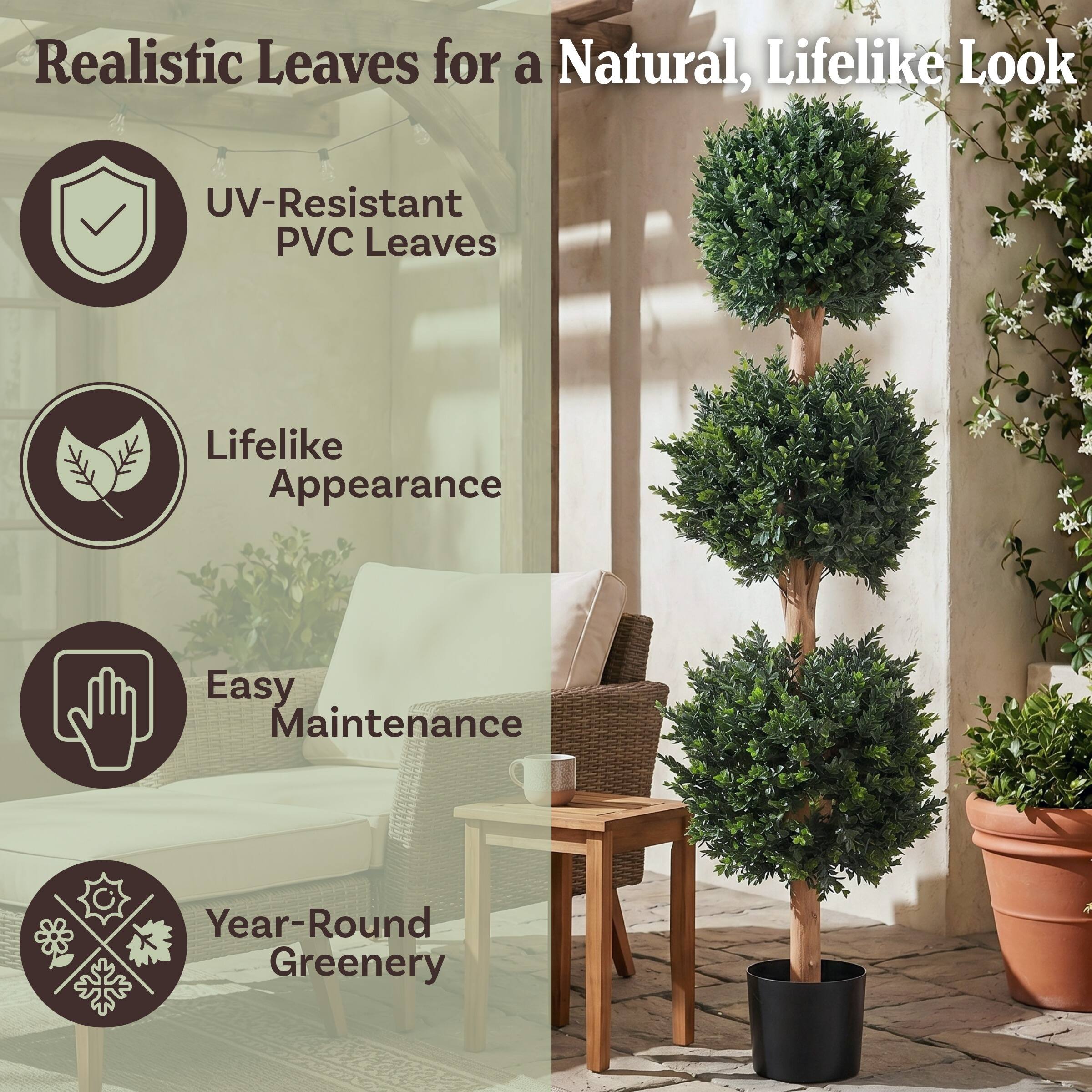 Realistic Leaves for a Natural, Lifelike Look

- UV-Resistant PVC Leaves
- Lifelike Appearance
- Easy Maintenance
- Year-Round Greenery