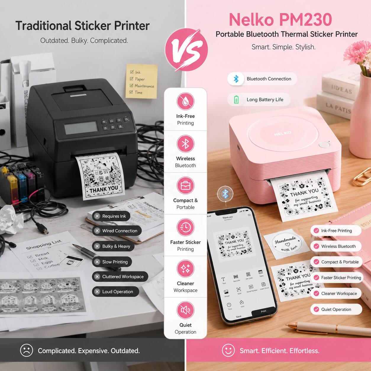 Traditional Sticker Printer: Outdated. Bulky. Complicated. Ink. Paper. Maintenance. Time.

Nelko PM230 Portable Bluetooth Thermal Sticker Printer: Smart. Simple. Stylish. Bluetooth Connection. Long Battery Life. Ink-Free Printing. Wireless Bluetooth. Compact & Portable. Faster Sticker Printing. Cleaner Workspace. Quiet Operation.

Traditional Sticker Printer: Requires Ink. Wired Connection. Bulky & Heavy. Slow Printing. Cluttered Workspace. Loud Operation.

Nelko PM230: Ink-Free Printing. Wireless Bluetooth. Compact & Portable. Faster Sticker Printing. Cleaner Workspace. Quiet Operation.

Complicated. Expensive. Outdated. Smart. Efficient. Effortless.