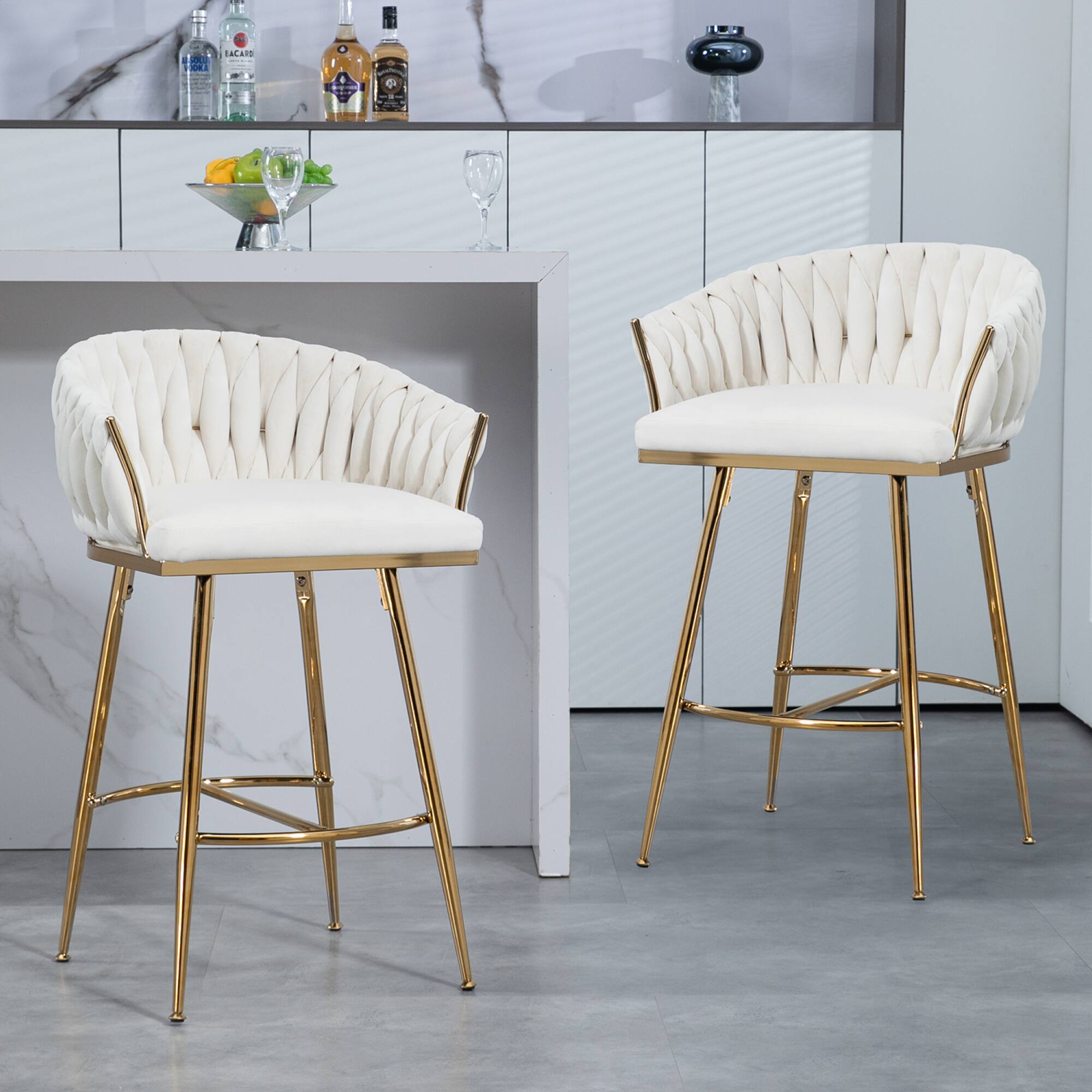 Angle. GOODSILO - Set of 2 Velvet Upholstered Bar Stools with Golden Chrome Base, Counter Height Stools for Kitchen Island or Bar Seating - Beige.