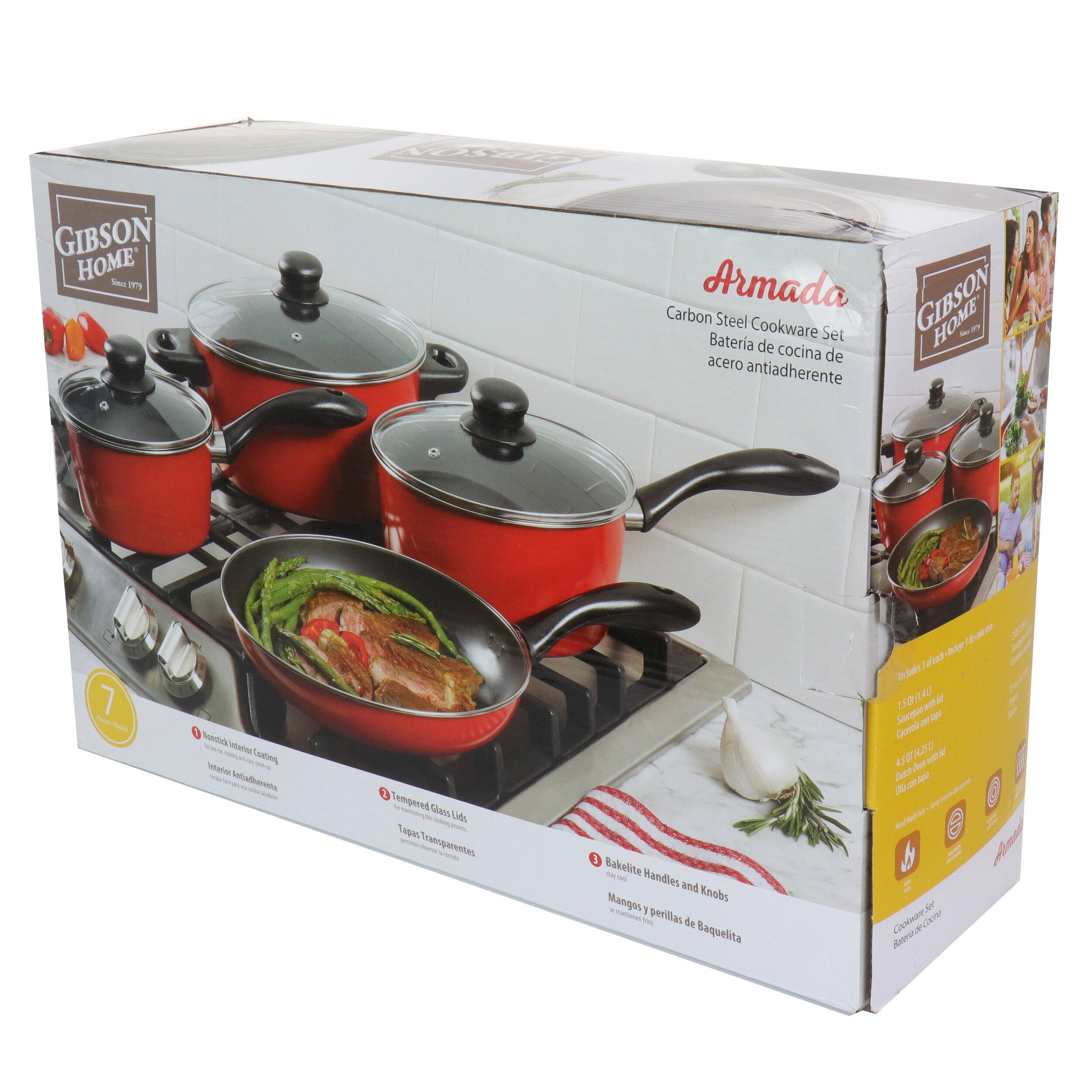 The text on the image reads: "Nw GIBSON HOME' F 1 Armada GIBSON Carbon Steel HOME Cookware Set - P Bateria de cocina acero de antiadherente 7 NeTo ndia Ntaios - Cudling - Mtalherita a lempered - Mn - i Capar Transpurentes 1 I Bakelitte - - Kandles and Mangen Knobs 1 perilas de Baquelita tada /afat-lg Iciet  4 a  Gambona Saupur spe 458A250 ser At arag d Serbody F KV came Satro."

The text is in Spanish and describes a cookware set made of carbon steel, which includes a variety of pots and pans. The set is designed to be anti-stick and comes with a range of accessories, such as a whisk, ladle, and spatula. The cookware is suitable for various cooking methods, including stovetop, oven, and microwave. The set is ideal for those who enjoy cooking and want to have a versatile and durable cookware set in their kitchen.