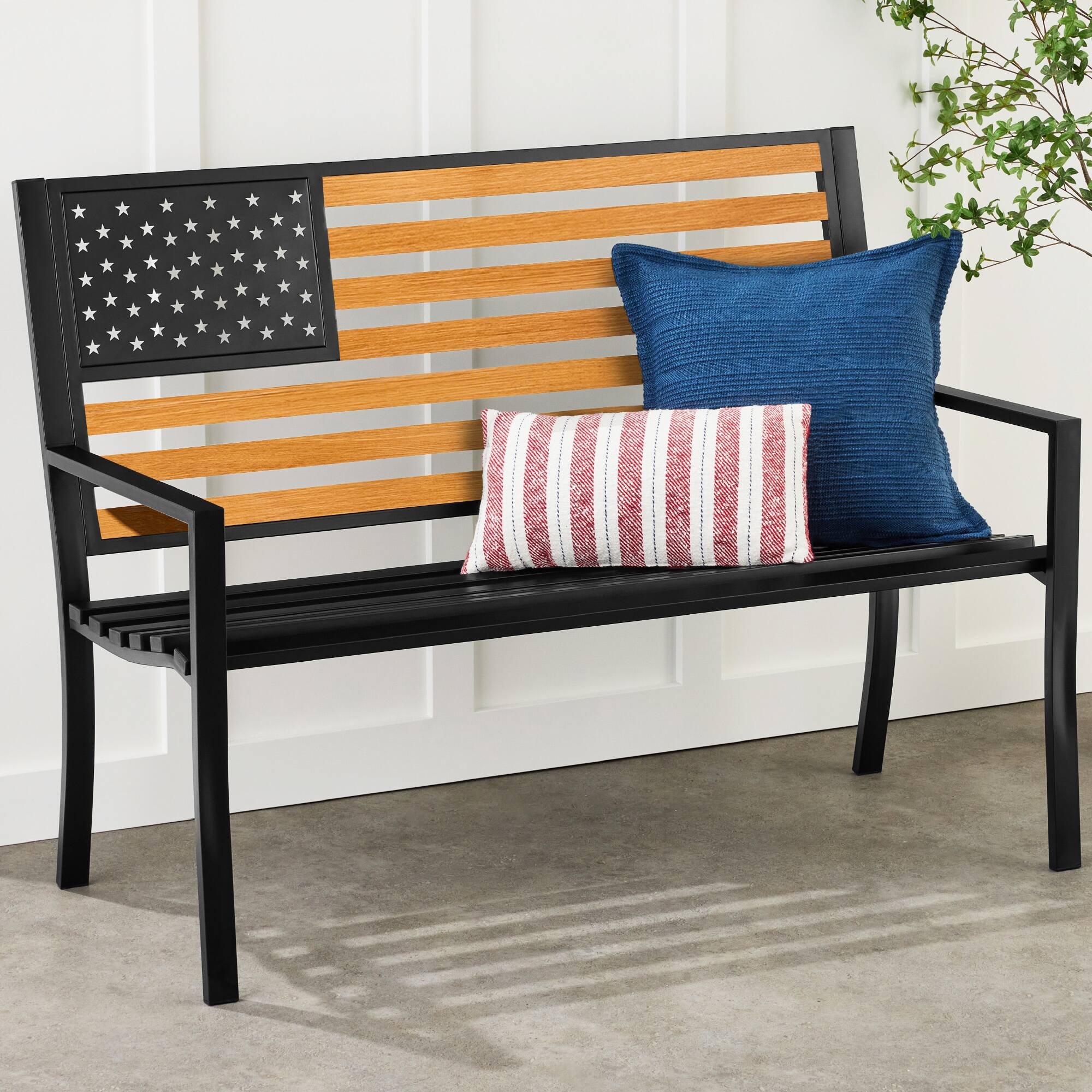 Front. Best Choice Products - Best Choice Products Indoor Outdoor Steel Garden Bench w/ American Flag Backrest, 790lb Capacity - Black/Wood - black/wood.