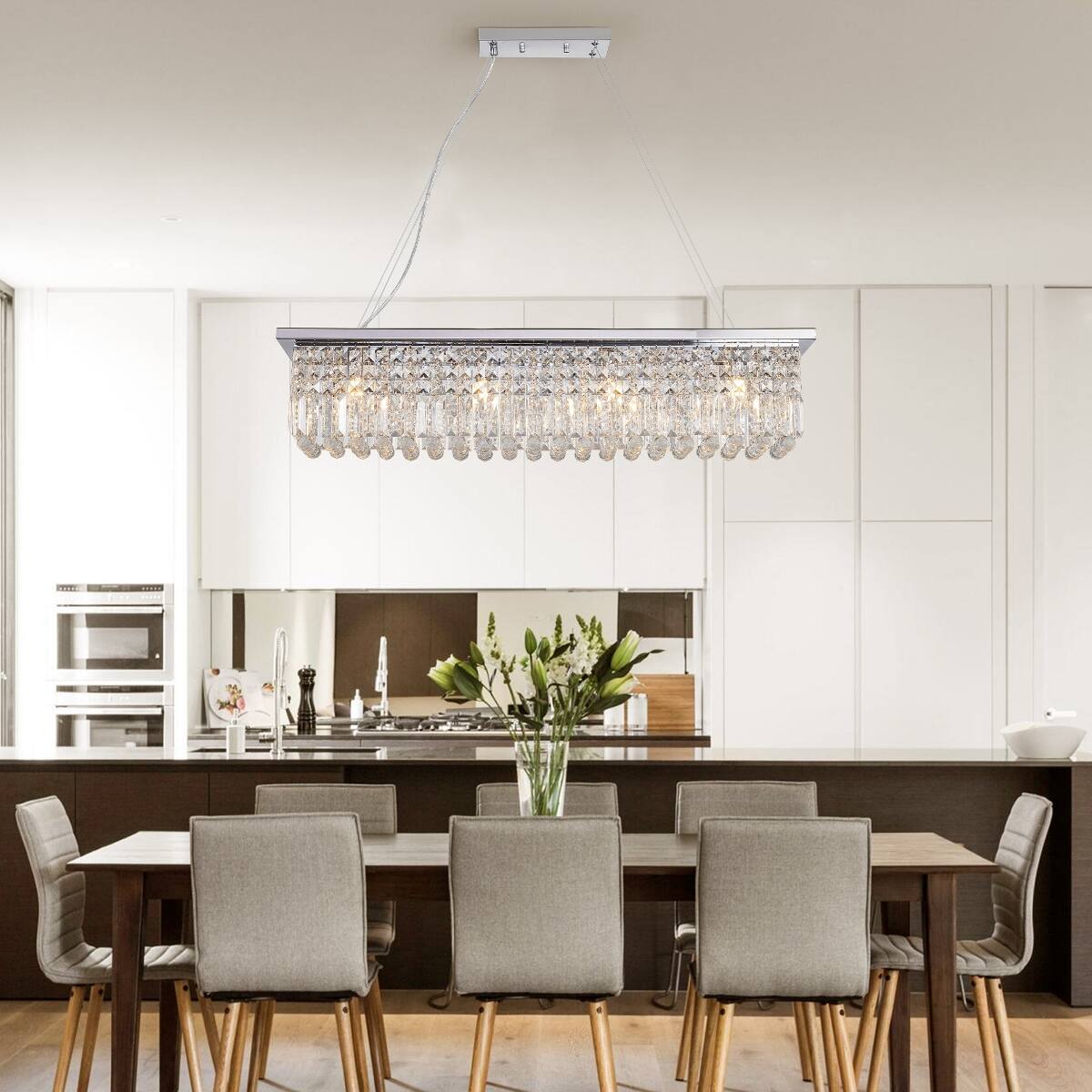 Front. Loheer - Loheer Eight Light Crystal Chandelier Chrome Rectangle Pendant for Dining Room or Kitchen Island.