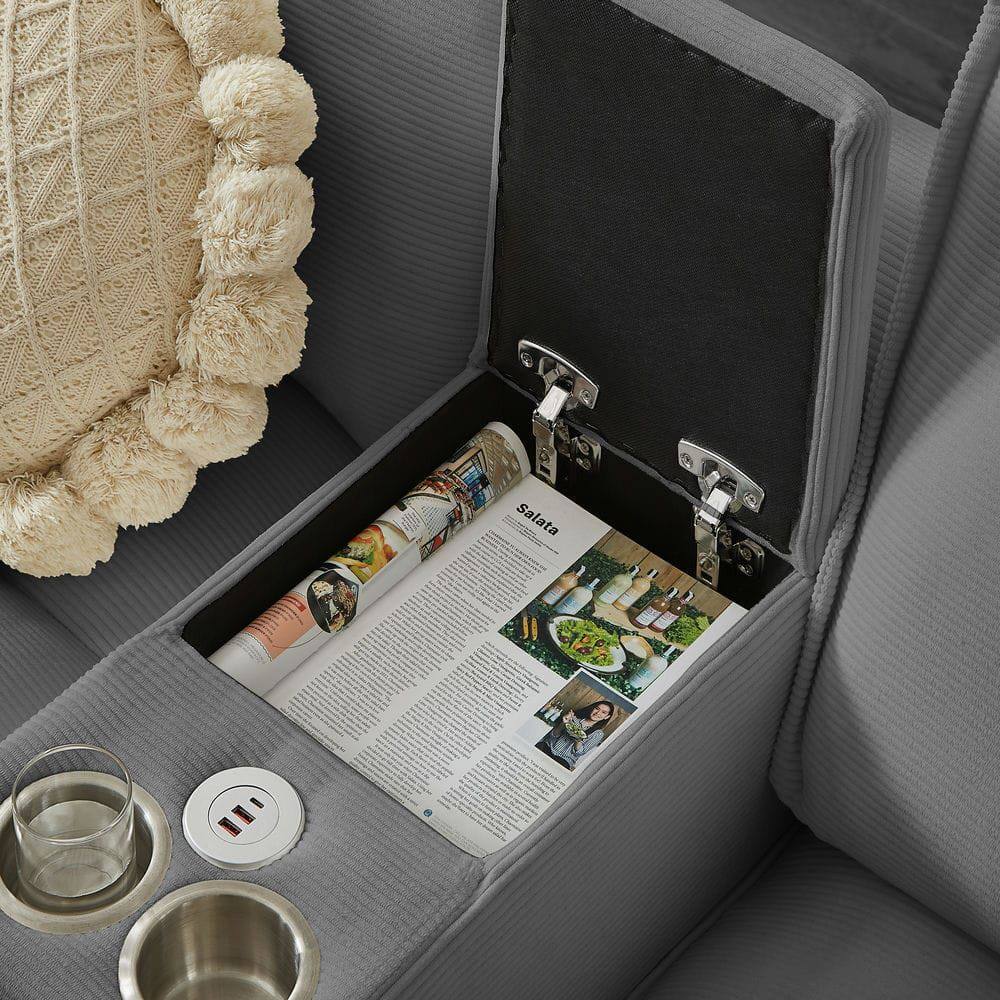 Alt View 7. Resenkos - 120" U-Shaped Sectional Sofa Bed, Corduroy 4-Seater with Storage and Cup Holders, Gray - Gray.