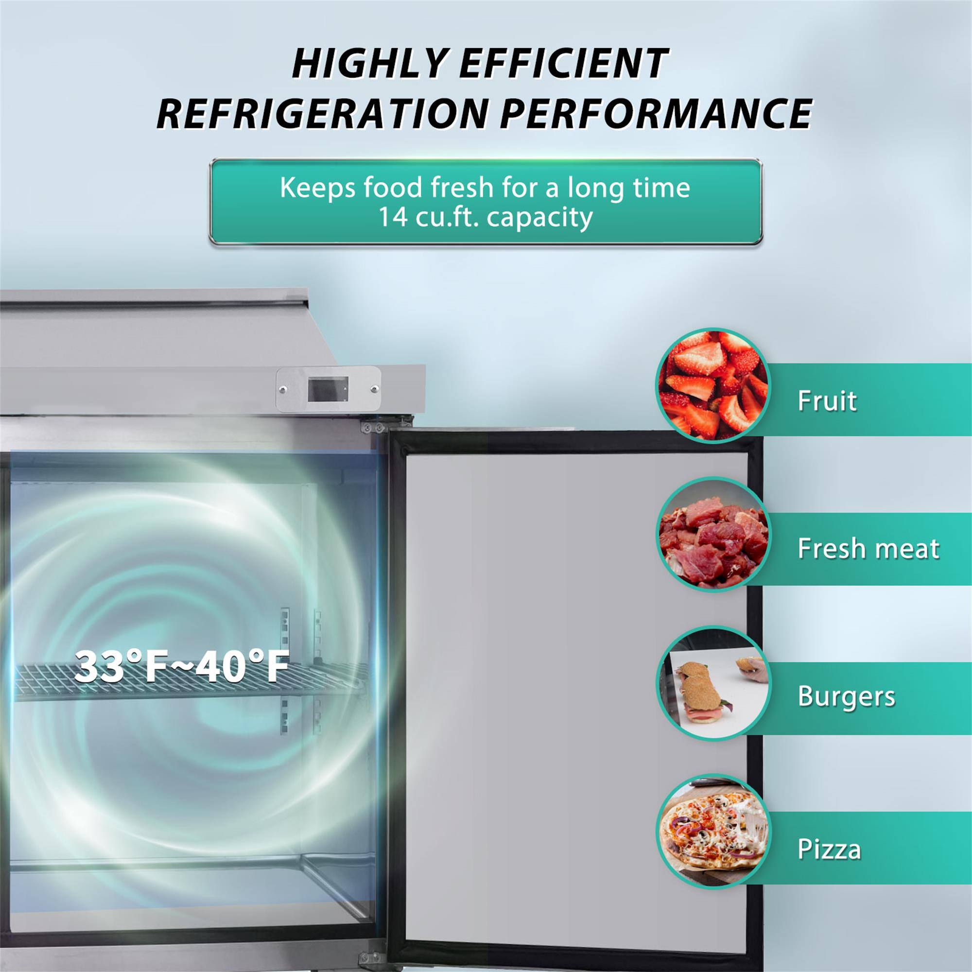 HIGHLY EFFICIENT REFRIGERATION PERFORMANCE  
Keeps food fresh for a long time  
14 cu.ft. capacity  

33°F~40°F  

Fruit  
Fresh meat  
Burgers  
Pizza