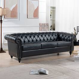 Anysun - 84" Faux Leather 3-Seat Chesterfield Sofa - Rolled Arm, Deep Seating, Button Tufted for Living Room & Office - Black