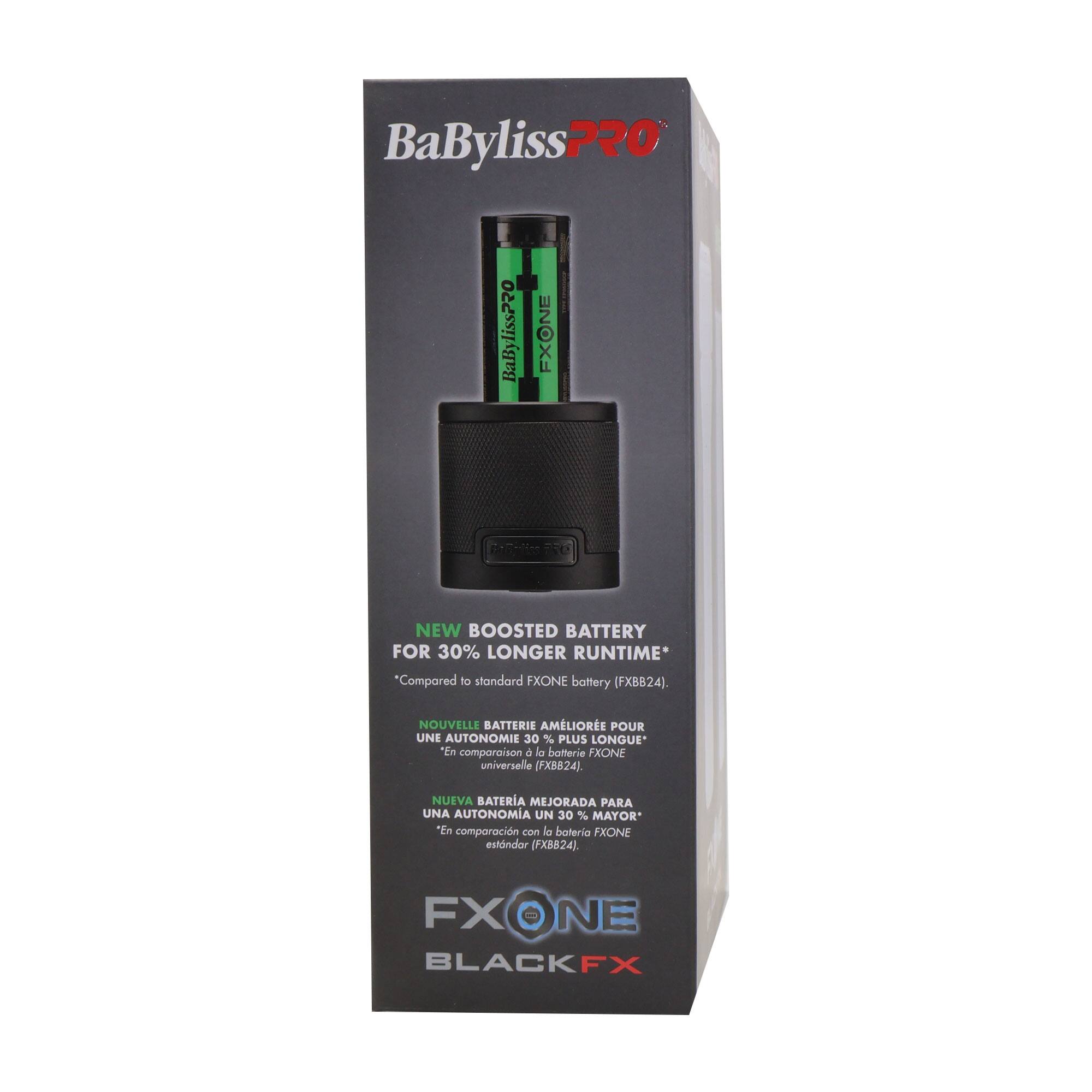BaBylissPRO  
BaByliss220  
FXONE  

NEW BOOSTED BATTERY FOR 30% LONGER RUNTIME*  
"Compared to standard EXONE battery (FXB824)"  
NOUVELLE BATTERIE AMÉLIORÉE POUR UNE AUTONOMIE 30 % PLUS LONGUE  
"En comparaison de la batterie EXONE universelle (FXB824)"  
NUEVA BATERÍA MEJORADA PARA UNA AUTONOMÍA UN 30 % MAYOR  
"En comparación con la batería FXONE estándar (FXB824)"  

FXONE  
BLACKFX