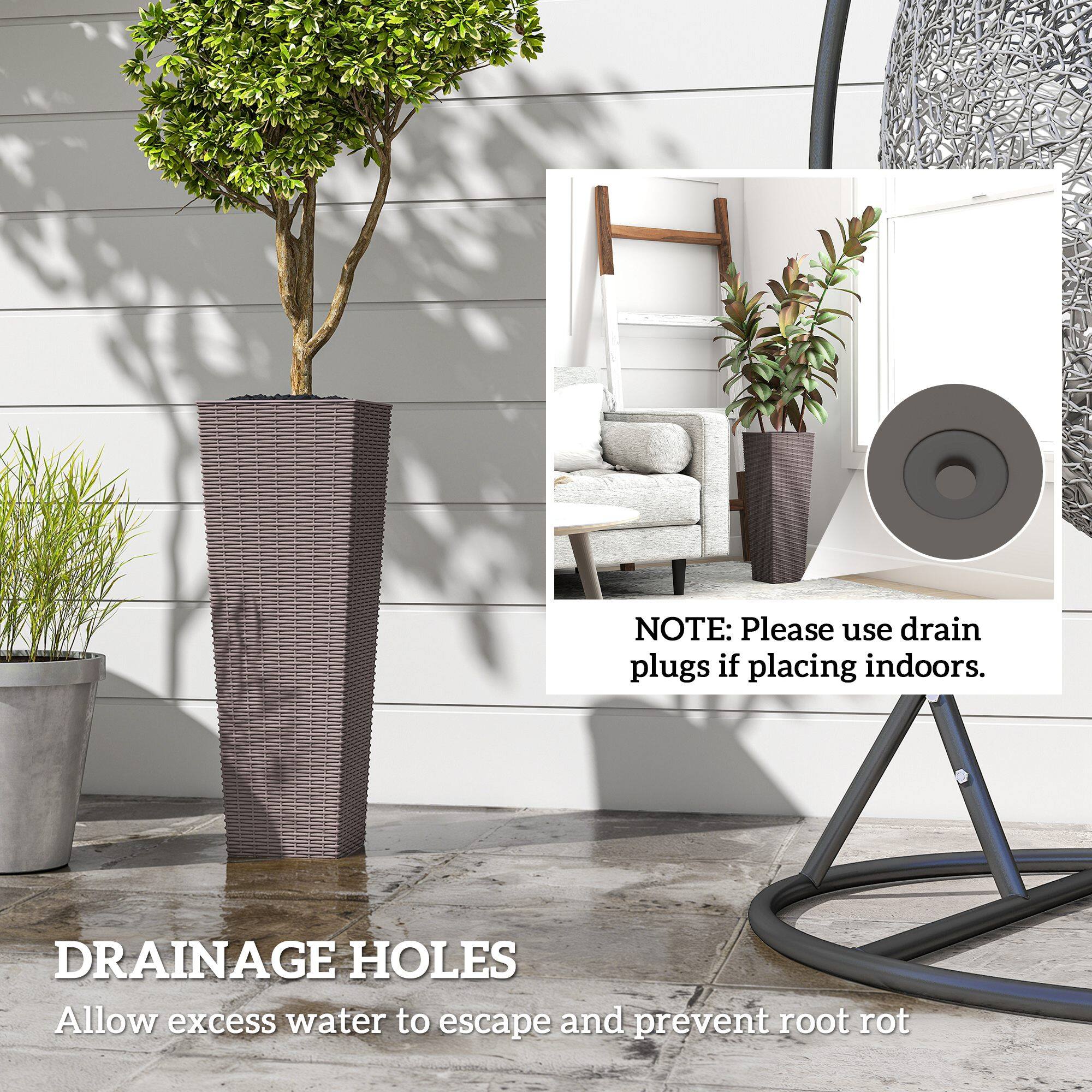 **DRAINAGE HOLES**

Allow excess water to escape and prevent root rot

**NOTE:** Please use drain plugs if placing indoors.