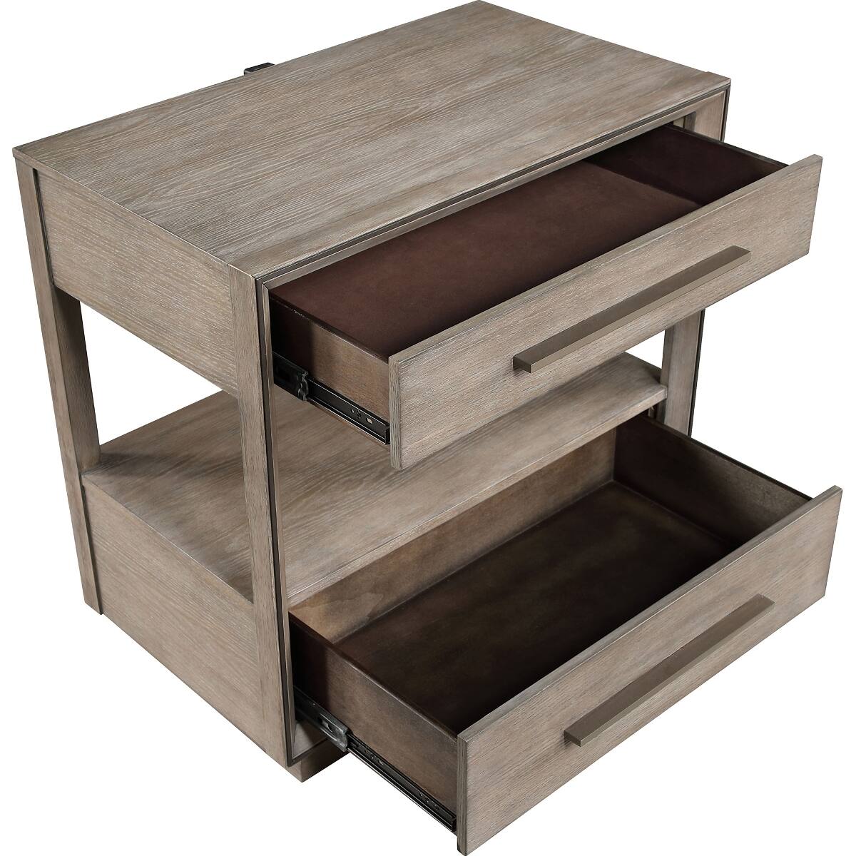 Alt View 6. Loheer - Loheer Taupe Oak Two Drawer Nightstand with Open Shelf, 30 Inch Wide - Taupe Oak.