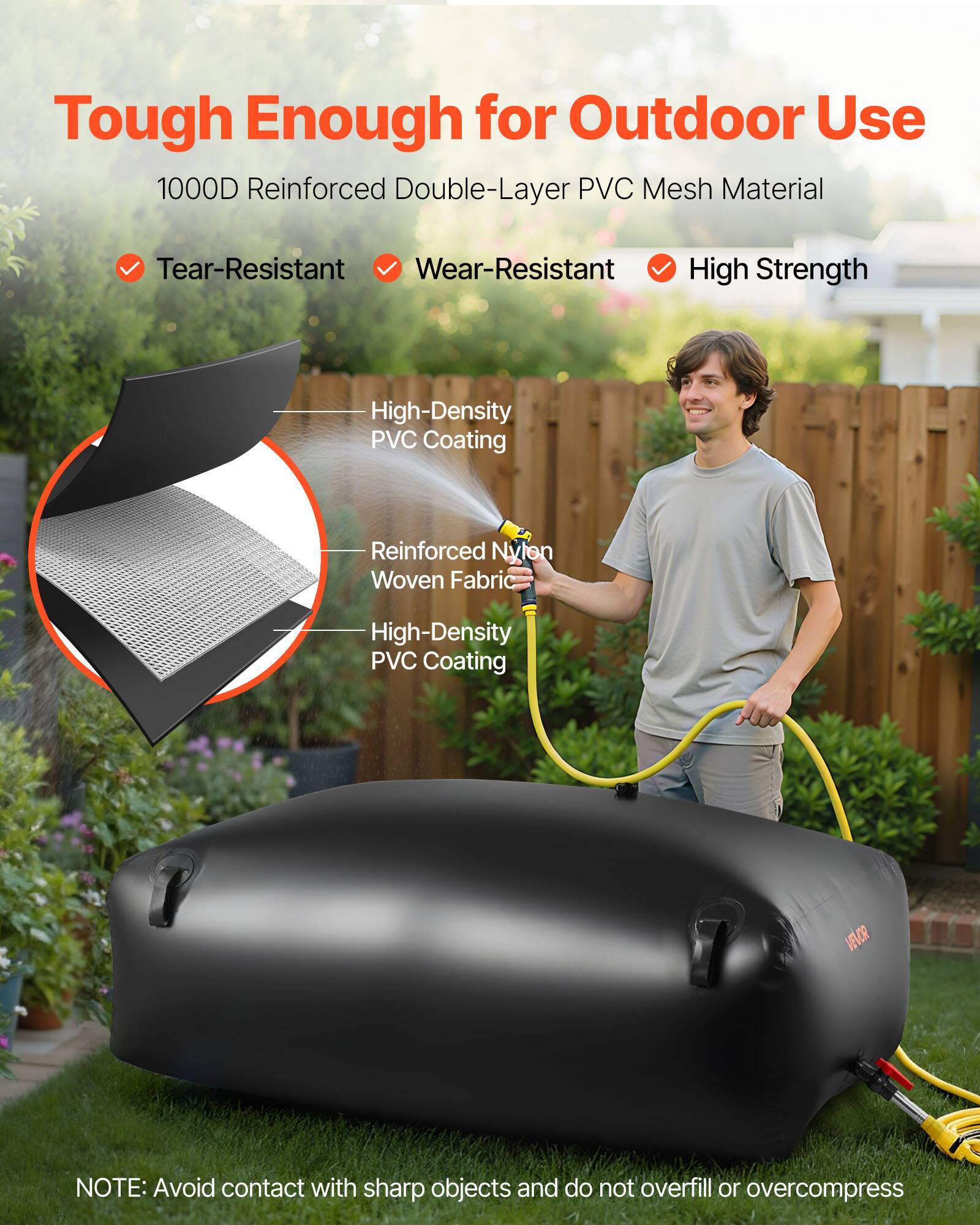 Tough Enough for Outdoor Use

1000D Reinforced Double-Layer PVC Mesh Material

- Tear-Resistant
- Wear-Resistant
- High Strength

- High-Density PVC Coating
- Reinforced Nylon Woven Fabric
- High-Density PVC Coating

NOTE: Avoid contact with sharp objects and do not overfill or overcompress