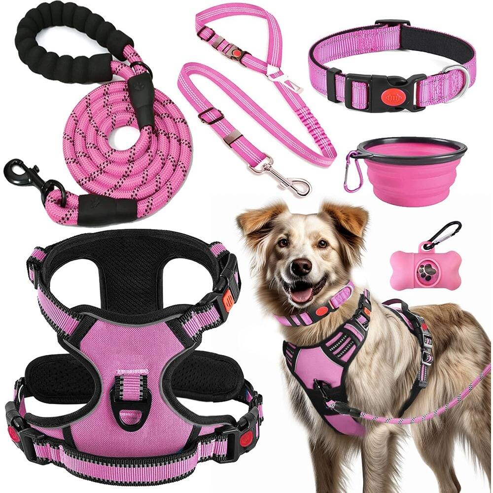Front. MOSZAR LLC - No-Pull Dog Harness & Leash Set, Pink, Small to Large Dogs - pink.