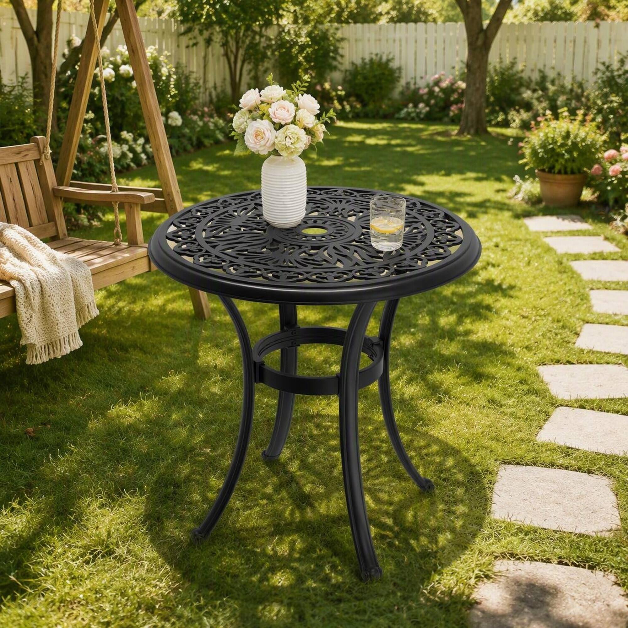 Alt View 2. RYHNUYNE - 26.77" Round Cast Aluminum Patio Dining Table with Umbrella Hole for Garden Deck Balcony - Black.