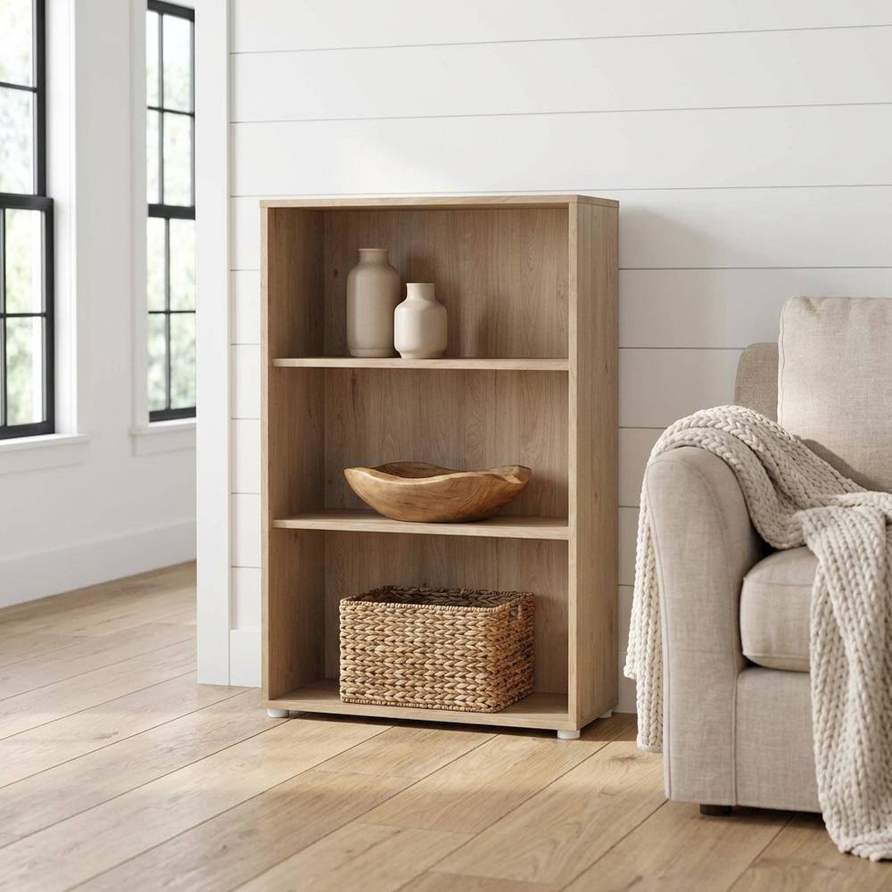 Angle. FurniFact - Adjustable 3 Shelf Bookcase with Open Storage and Levelers in Hickory - Brown.
