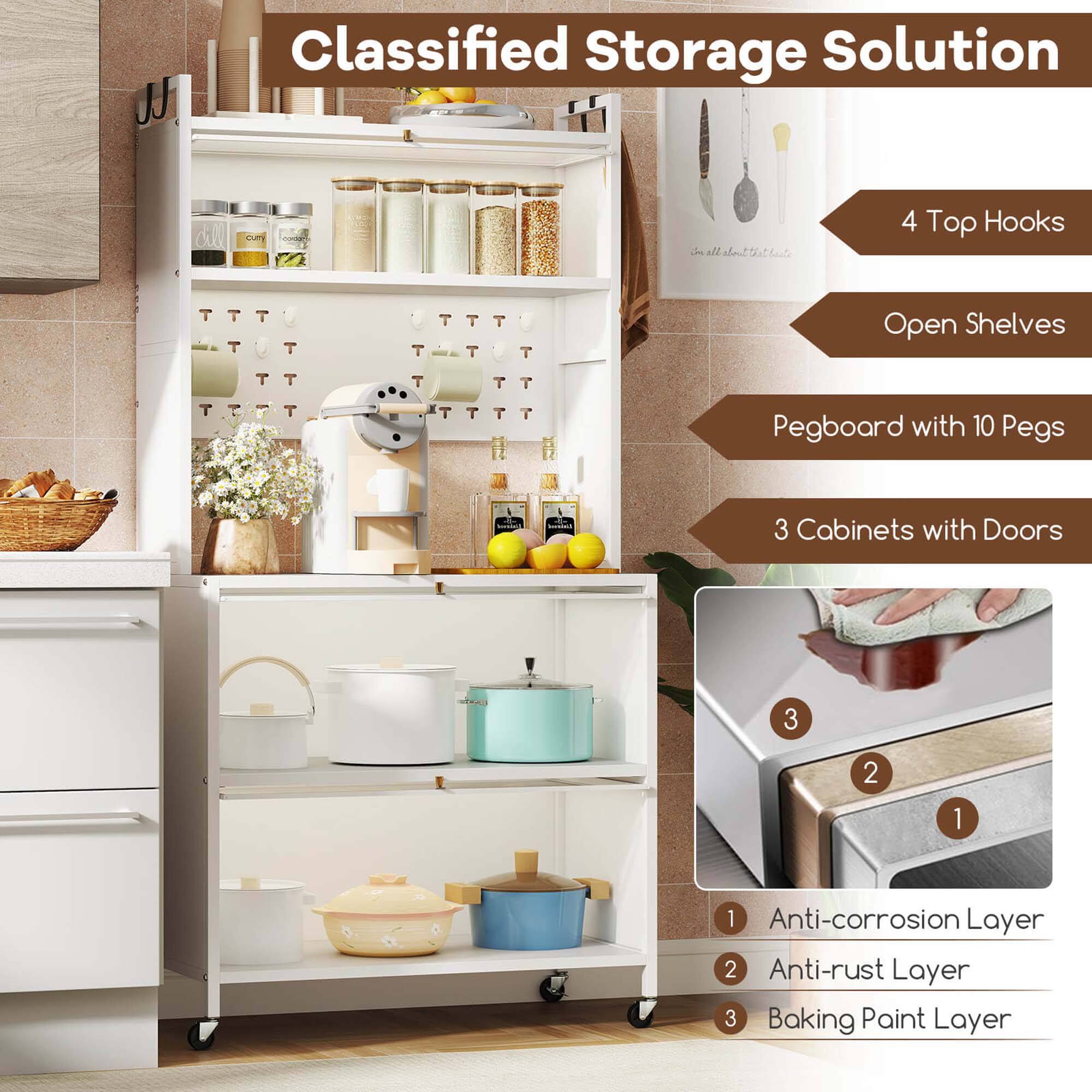 Classified Storage Solution: 4 Top Hooks, Open Shelves, Pegboard with 10 Pegs, 3 Cabinets with Doors, 3 Anti-corrosion Layer, 2 Anti-rust Layer, 3 Baking Paint Layer.
