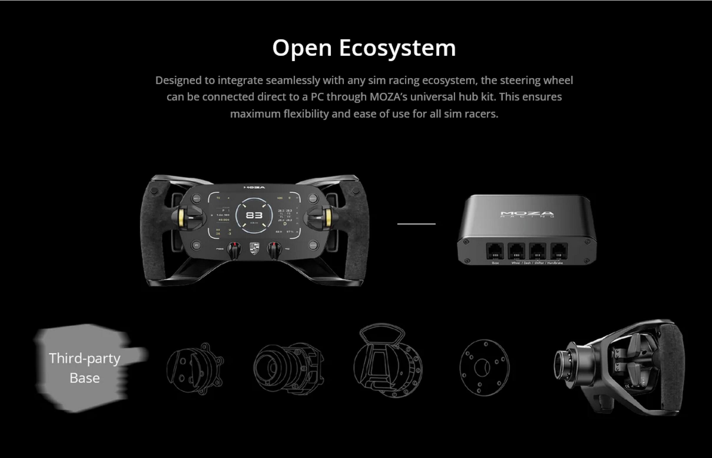 Open Ecosystem

Designed to integrate seamlessly with any sim racing ecosystem, the steering wheel can be connected direct to a PC through MOZA's universal hub kit. This ensures maximum flexibility and ease of use for all sim racers.

MOZA HALING

Third-party Base