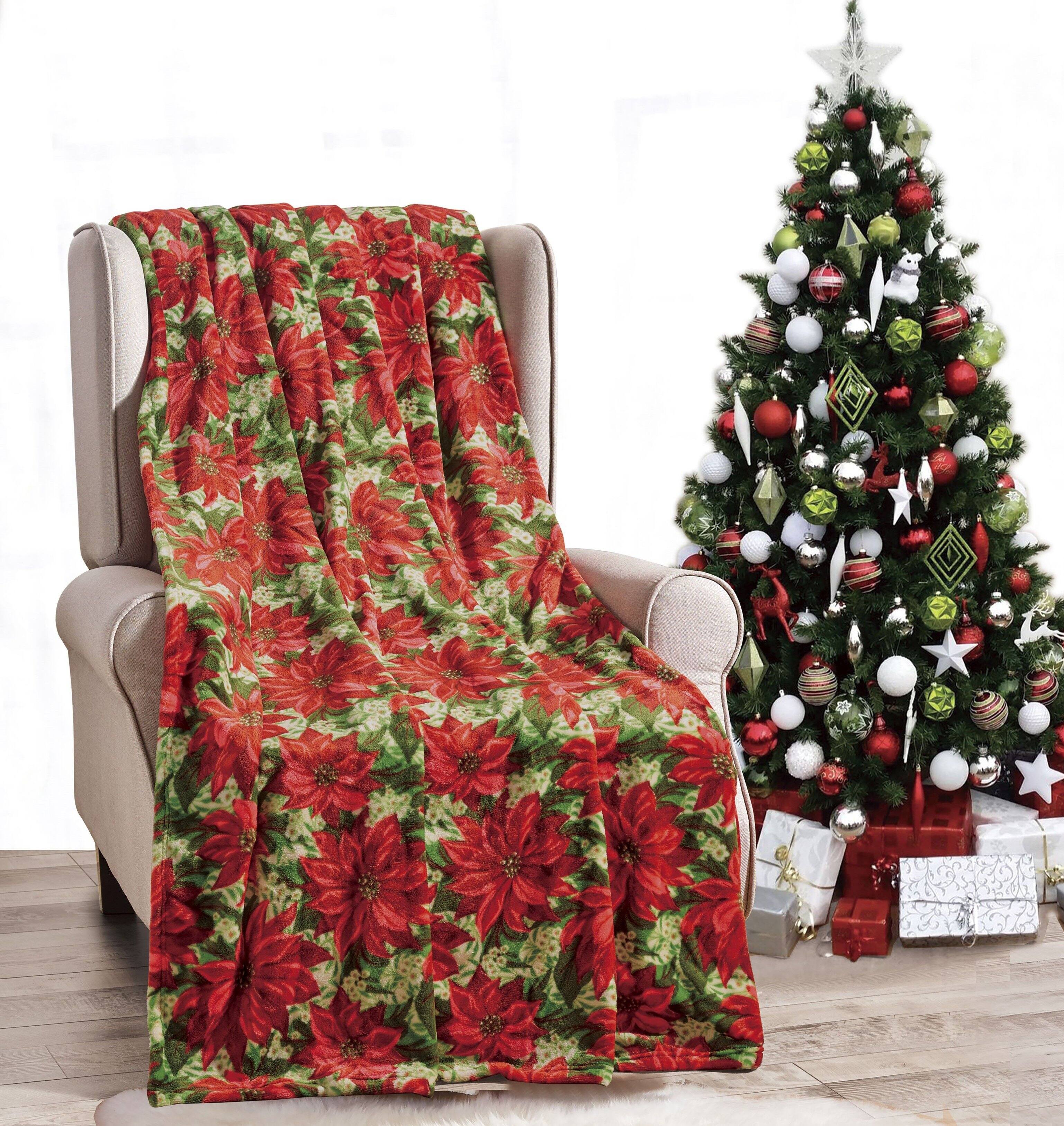 Front. Noble House - Festive and Cheery Holiday Microplush Throw Blanket 50"x60" Poinsettia - Poinsettia.
