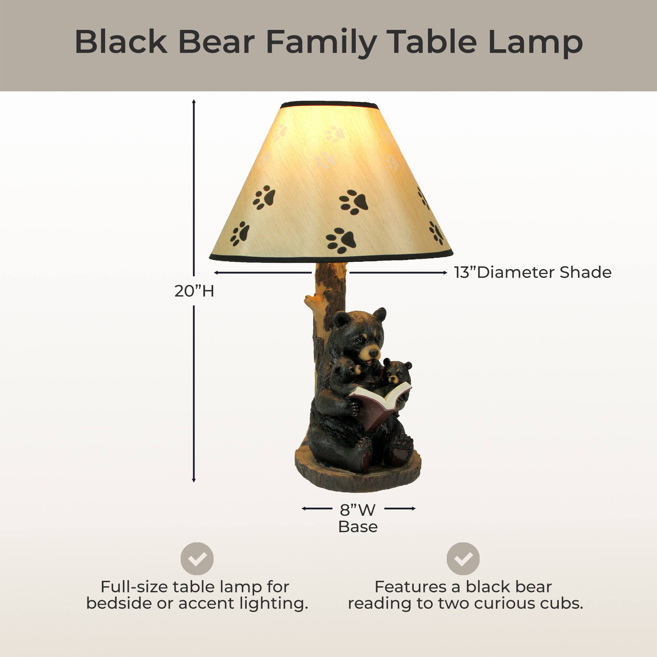 Black Bear Family Table Lamp

20"H 13" Diameter Shade 8"W Base

Full-size table lamp for bedside or accent lighting. Features a black bear reading to two curious cubs.
