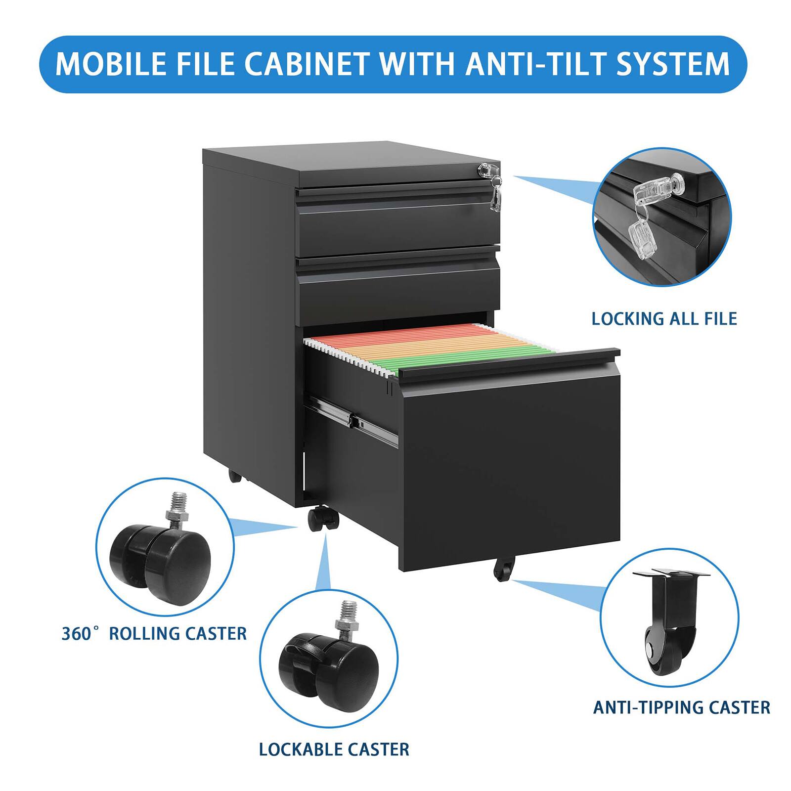 MOBILE FILE CABINET WITH ANTI-TILT SYSTEM

- LOCKING ALL FILE
- 360° ROLLING CASTER
- LOCKABLE CASTER
- ANTI-TIPPING CASTER