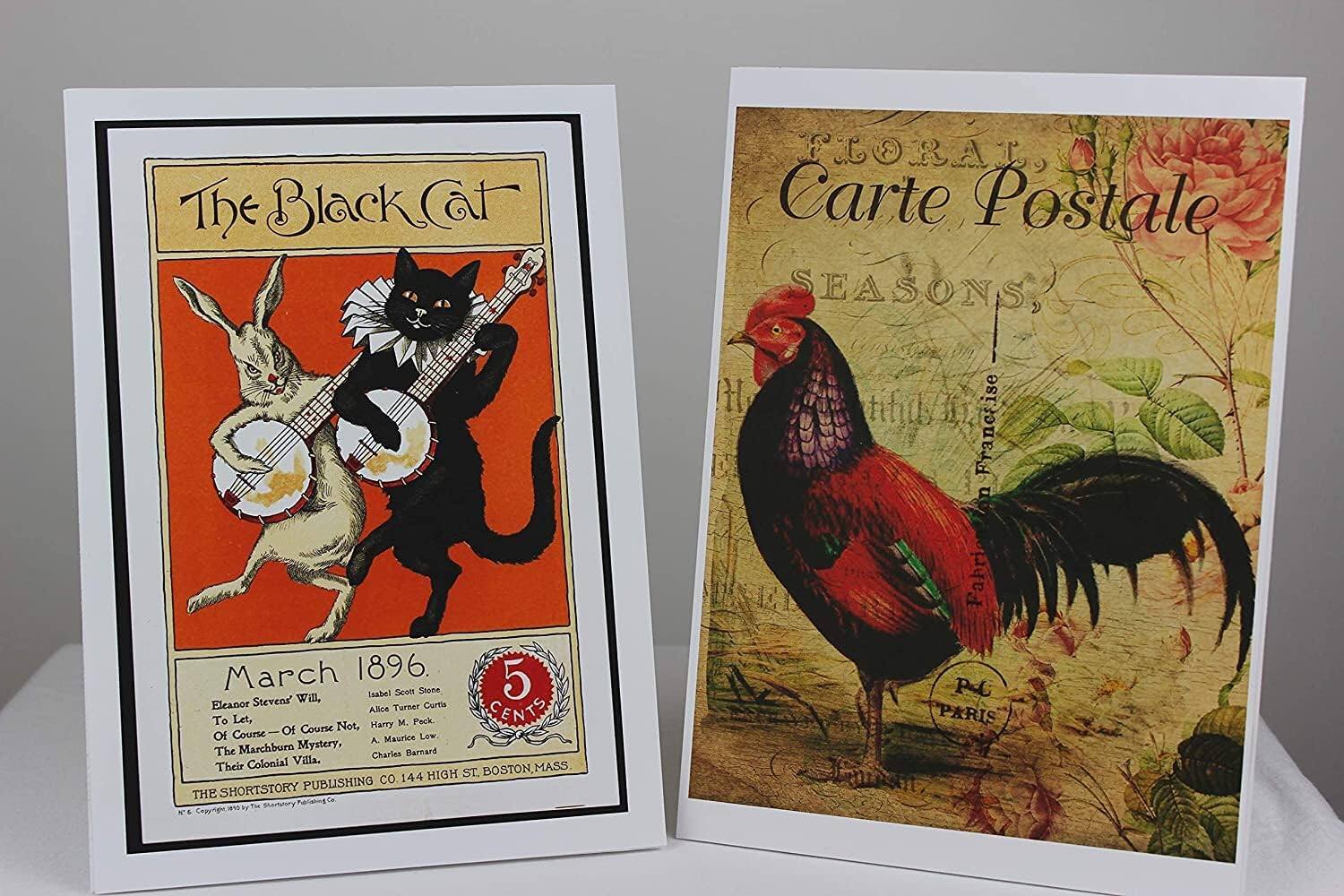 **Left Postcard:**

The Black Cat

March 1896

5 CENTS

Eleanor Steven's Will, To Let, Of Course Not, The Marchburn Mystery, Their Colonial Villa.

Isabel Scott Stone, Alice Turner Curtis, Harry M. Peck, Maurice Low, Charles Bannard

THE SHORT STORY PUBLISHING CO. 144 HIGH ST. BOSTON, MASS.

**Right Postcard:**

FLORAL Carte Postale

SEASONS,

P. L. PARIS

5 CENTS

FRANCE