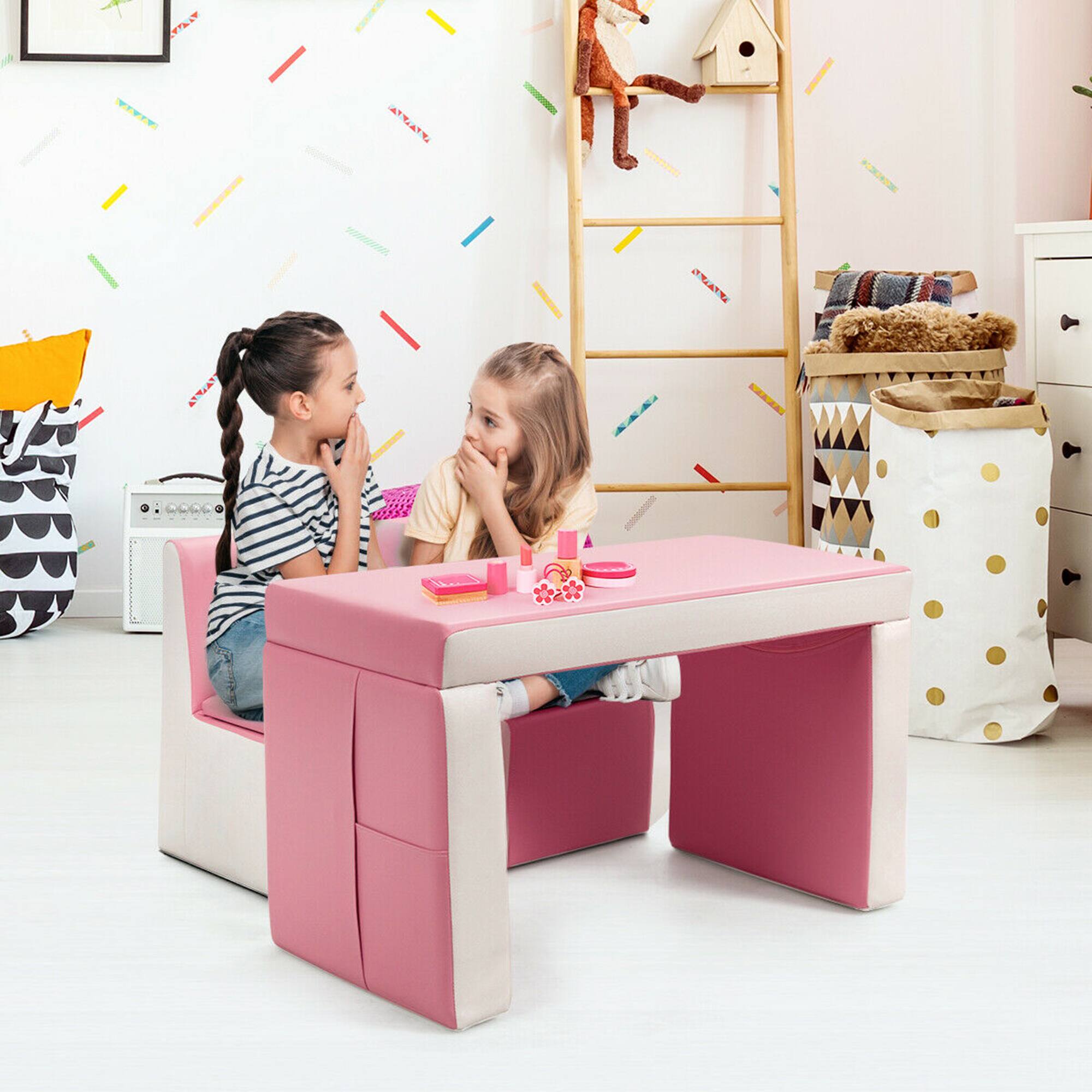 Alt View 4. Costway - Costway Multi-functional Kids Sofa Table Chair Set 2 Seat Couch Furniture W/Storage Box - Pink,White.