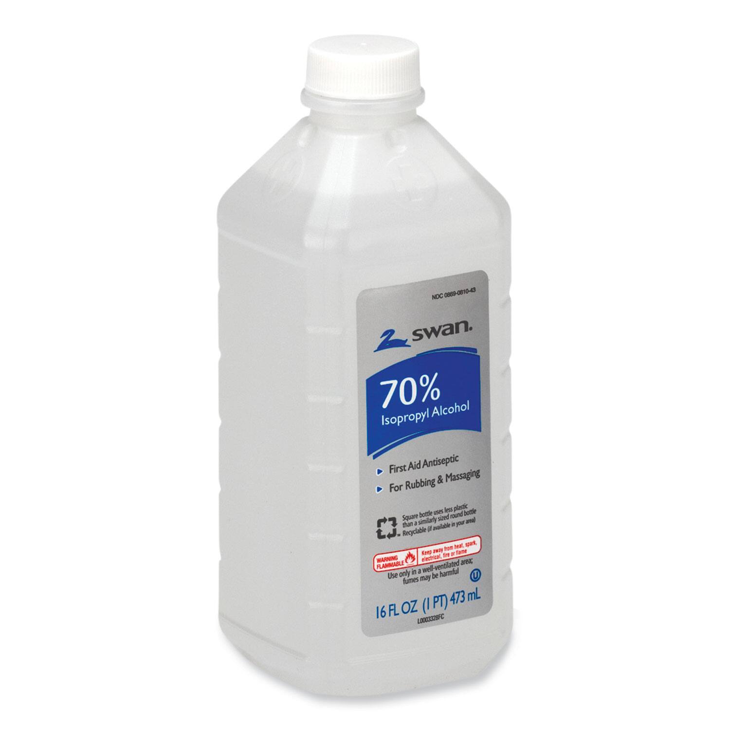 - 0810-00 NDC swan.  
70% Alcohol Isopropyl First Aid Antiseptic Rubbing & Massaging  
- Square bottle  
- Recyclable  
- Keep away from heat, sparks, open flame.  
- Use only in a well-ventilated area.  
- Flammable.  
- Fumes may be harmful.  
- 16 FL OZ (1 PT) 473 mL