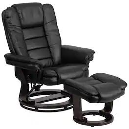 Alamont Home - Bali LeatherSoft Multi-Position Recliner &Ottoman w/Swivel Mahogany Wood Base - Black
