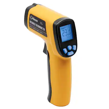 Sure, here is the corrected and grouped text from the image:
**POMODORO**
**INFRARED THERMOMETER**
**Model # C60C-8690**
**-80°C to 550°C | -104°F to 1022°F**
**CPO 60C-8690**
**500 THERMOMETER**
**s50C**
**10229**
**A HOLD**
**C 23,0**
**BC**
**nc**
**U.J7**
**U O**
**EMS**
**SET**
**FV**
**FY**
**23.0°C**
**44.2°F**
**SET**
**ON/OFF**
**EMISS**
**AC/DC**
