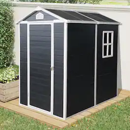 Loheer - 4x6 Plastic Storage Shed Black Outdoor Garden Tool Shed With Floor For Backyard