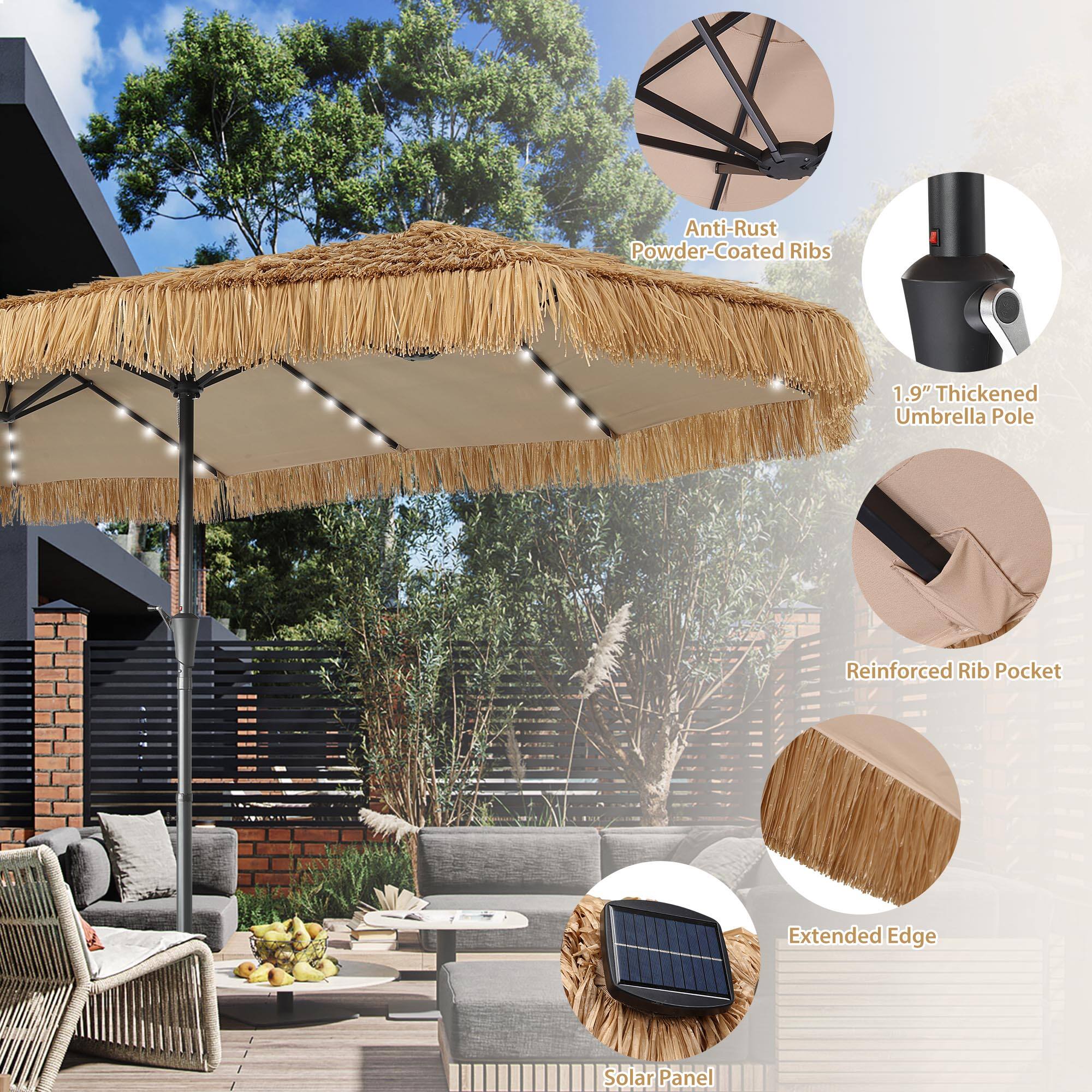 Anti-Rust Powder-Coated Ribs  
1.9" Thickened Umbrella Pole  
Reinforced Rib Pocket  
Extended Edge  
Solar Panel