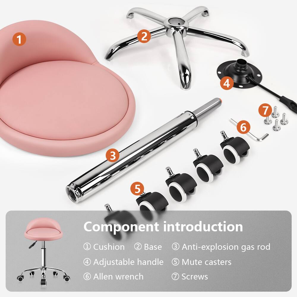 1. Cushion  
2. Base  
3. Anti-explosion gas rod  
4. Adjustable handle  
5. Mute casters  
6. Allen wrench  
7. Screws  

Component introduction  
1. Cushion  
2. Base  
3. Anti-explosion gas rod  
4. Adjustable handle  
5. Mute casters  
6. Allen wrench  
7. Screws