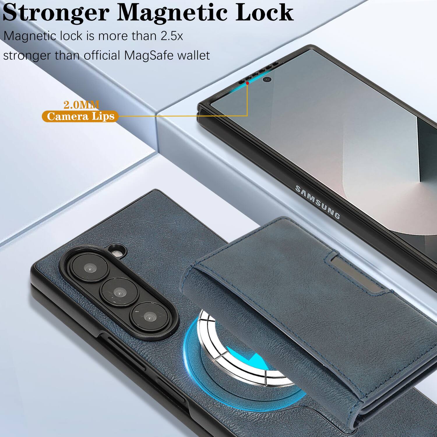 **Stronger Magnetic Lock**

Magnetic lock is more than 2.5x stronger than official MagSafe wallet

**2.0MM Camera Lips**