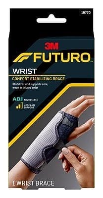 3M FUTURO  
WRIST  
COMFORT STABILIZING BRACE  
Stabilizes and supports sore, weak or injured wrist  

ADJ ADJUSTABLE  
MODERATE SUPPORT  

1 WRIST BRACE