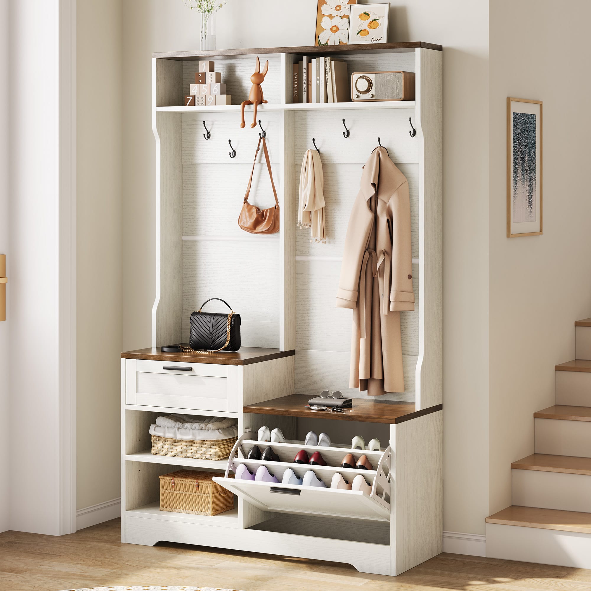 Anysun - 6-in-1 Hall Tree with Bench & Shoe Storage - MDF Wood, Walnut Grain Finish. 43.3"W x 15.75"D x 70.87"H - Brown