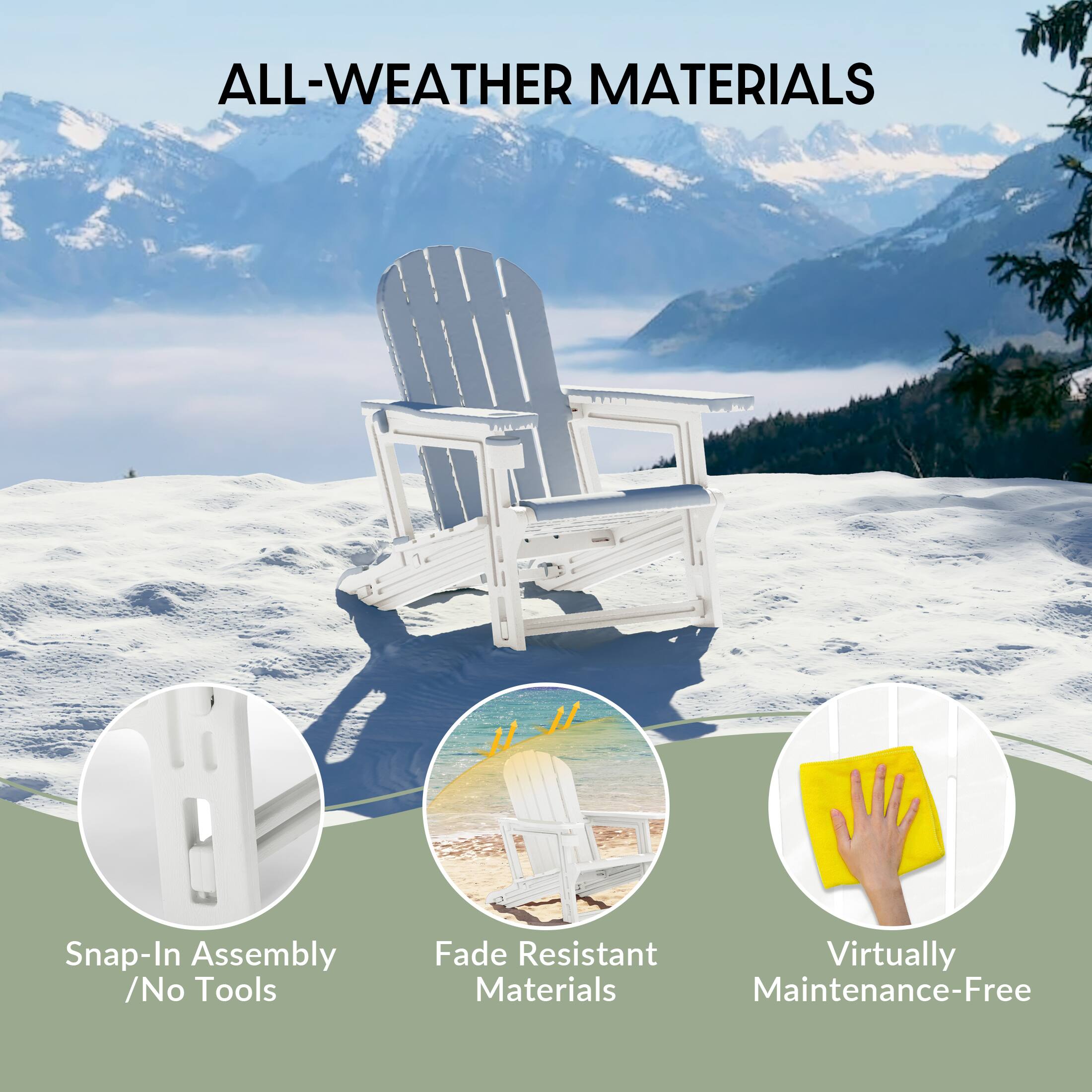 ALL-WEATHER MATERIALS

- Snap-In Assembly / No Tools
- Fade Resistant Materials
- Virtually Maintenance-Free