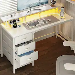 Anysun - 47" Computer Desk with Power Socket & LED Light - Gaming Desk with 4 Drawers & Monitor Stand - White
