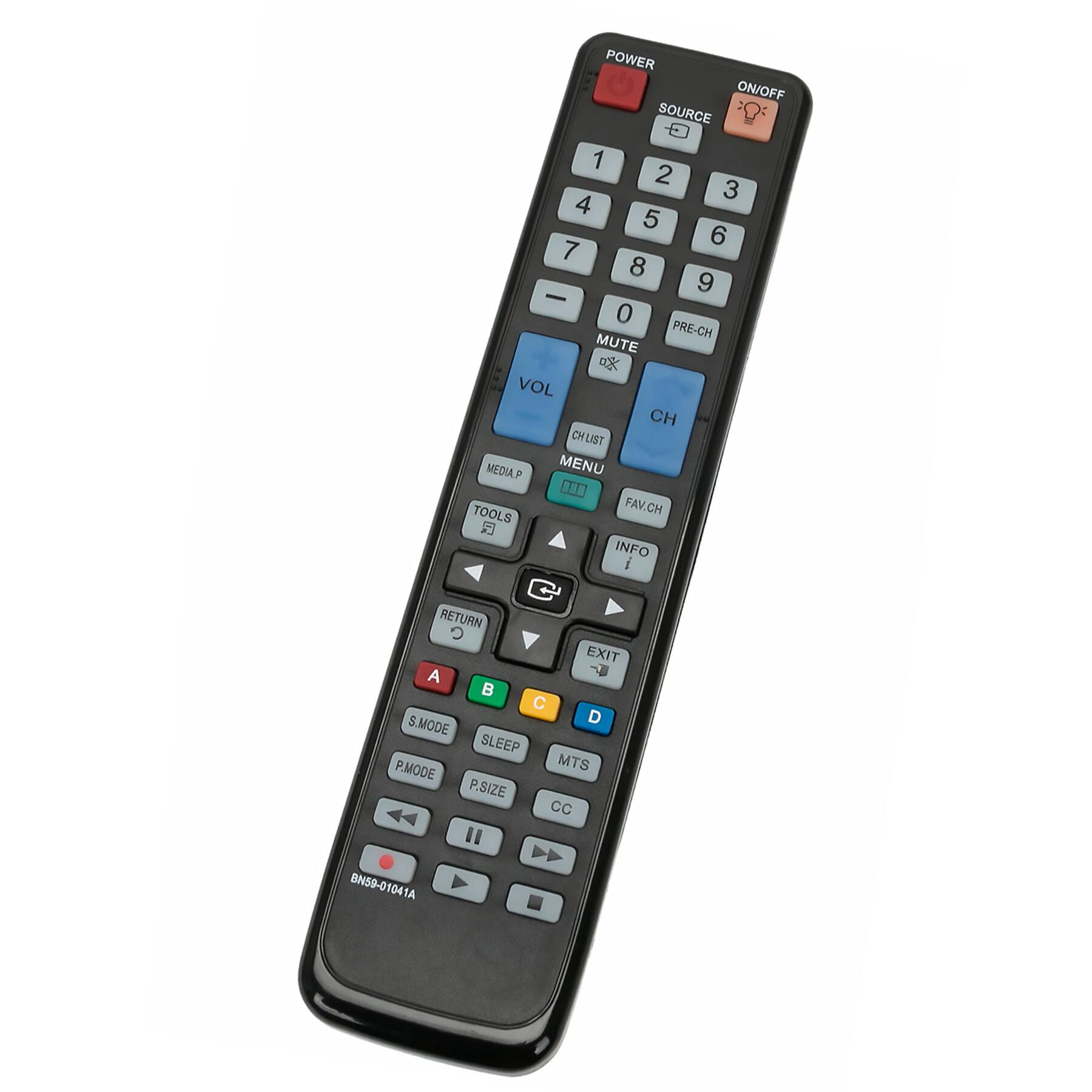 POWER ON/OFF SOURCE 1 2 3 4 5 6 7 8 9 0 PRE-CH MUTE VOL CH CHLIST MENU FAV.CH INFO RETURN EXIT A B C D MTS CC S.MODE SLEEP P.MODE P.SIZE BN59-01041A