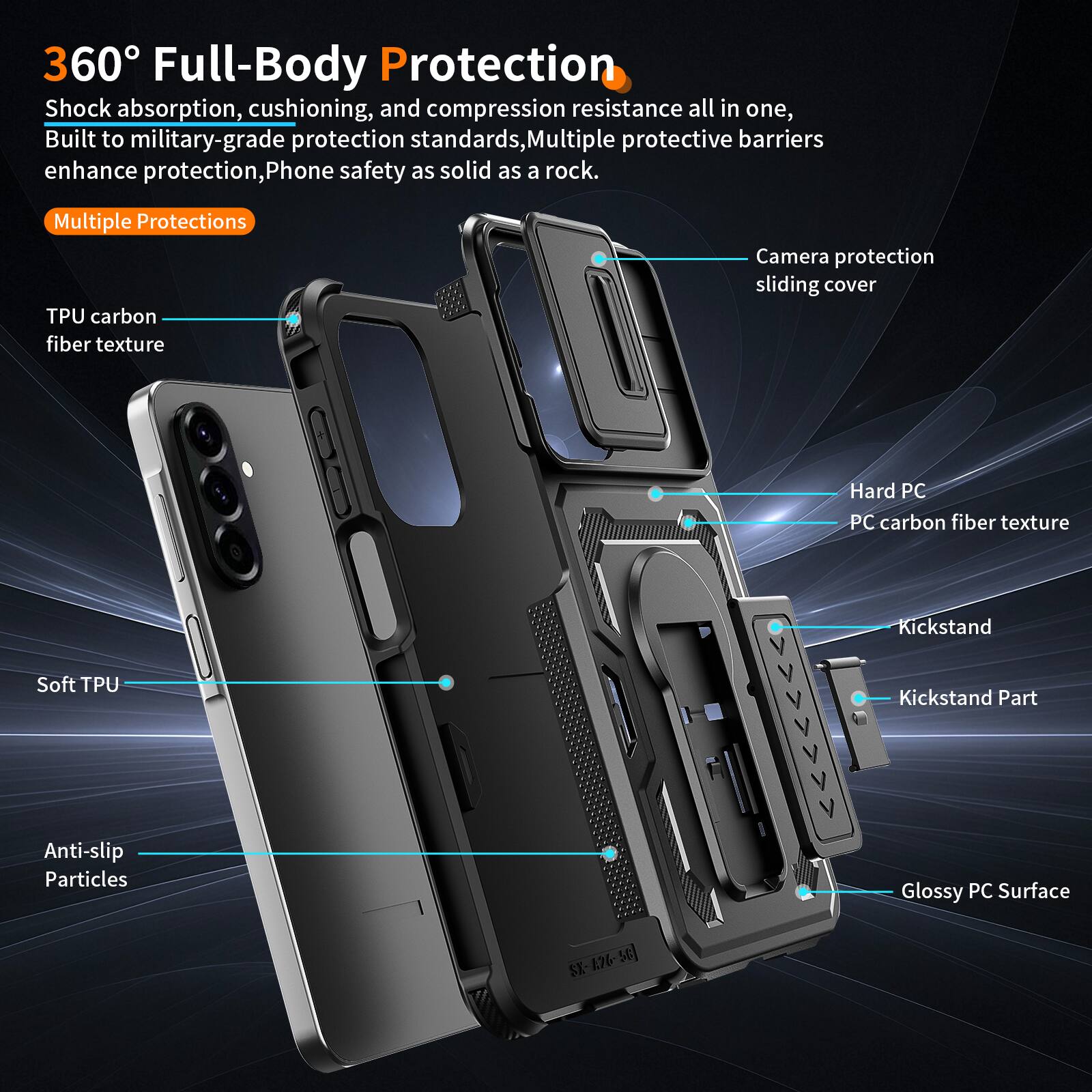 360° Full-Body Protection  
Shock absorption, cushioning, and compression resistance all in one, Built to military-grade protection standards, Multiple protective barriers enhance protection, Phone safety as solid as a rock.  
Multiple Protections  
TPU carbon fiber texture  
Camera protection sliding cover  
Hard PC PC carbon fiber texture  
Kickstand  
Soft TPU Kickstand Part  
Anti-slip Particles  
Glossy PC Surface  
$X-426-56 1.26 56 SX