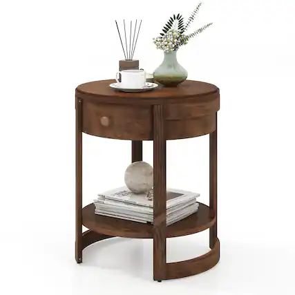 Front. Sugift - 2-Tier Round End Table Mid Century Modern Nightstand with Drawer and Shelf - Brown.