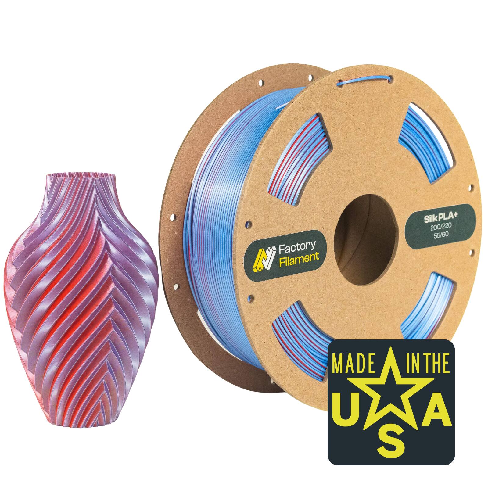 Factory Filament - 1.75mm Dual Color Silk Red + Blue PLA 3D Printer Filament, 1 KG Spool, Dimensional Accuracy +/- 0.02 mm - Red/Blue