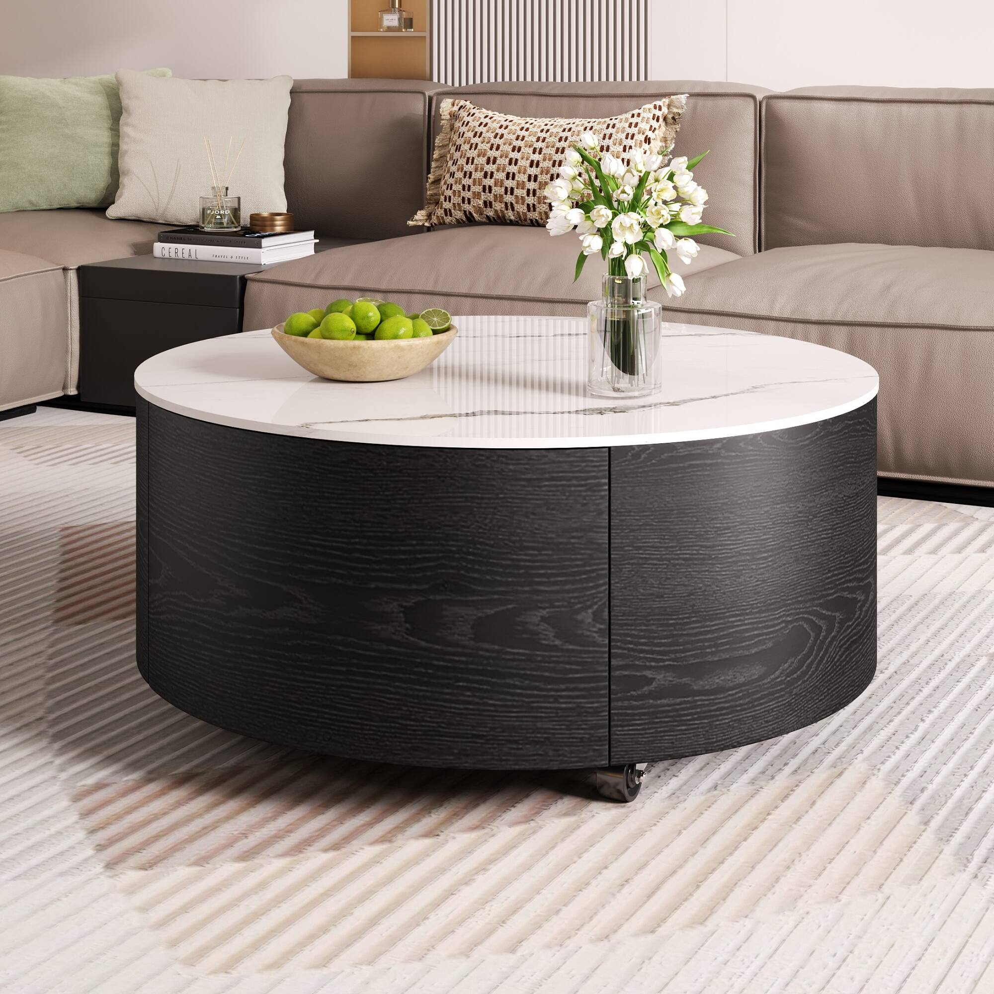 Alt View 1. Tiramisubest - Modern Round Movable Coffee Table with Casters, 2 Drawers, Marble Pattern Sintered Stone Top, Black, 29.5" - Black.