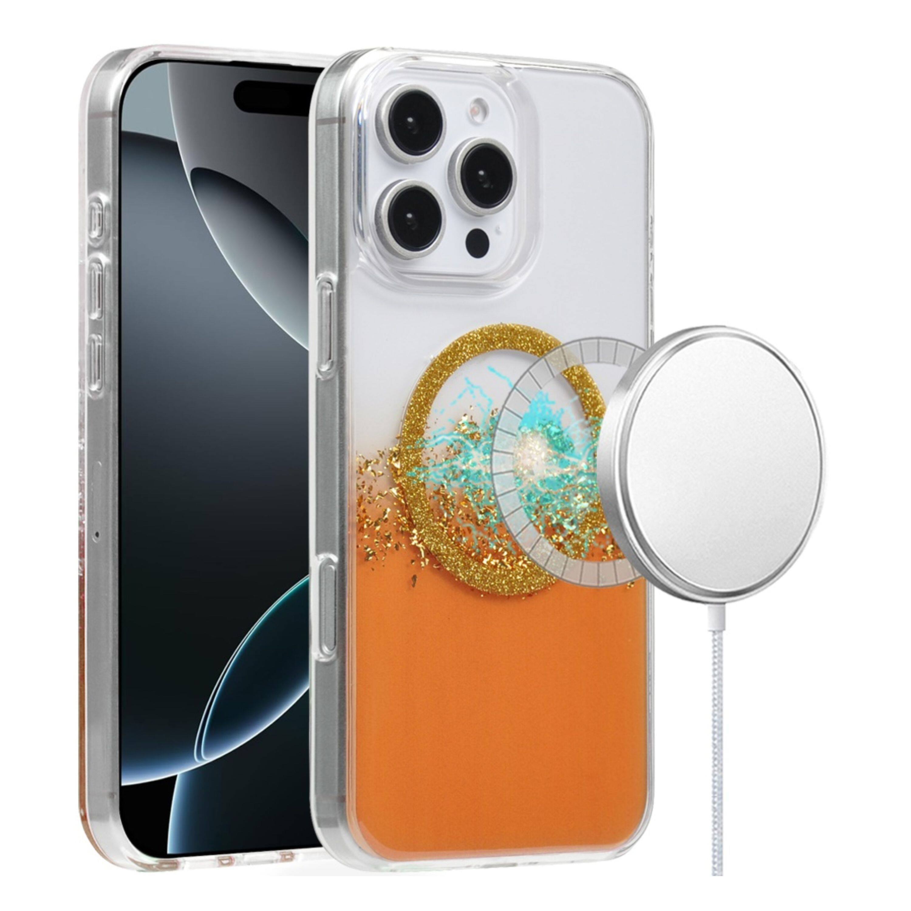 Kitcheniva - Fused Glitter Epoxy Magnetic Circle Phone Case With Tempered Glass For iPhone 16 Pro - Orange price history on PriceWatchPro