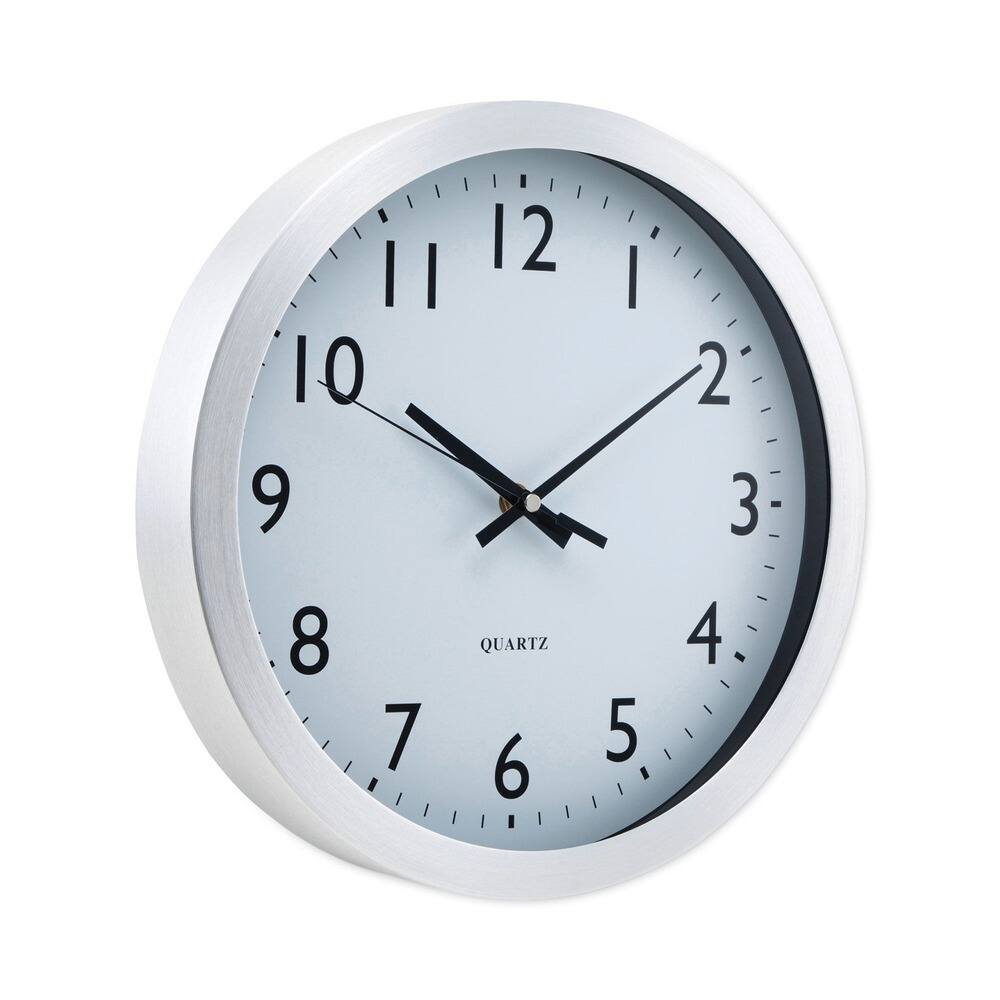 Angle. Universal - UNV10425 12 in. Overall Diameter Brushed Aluminum Wall Clock - Silver Case - White/Silver.