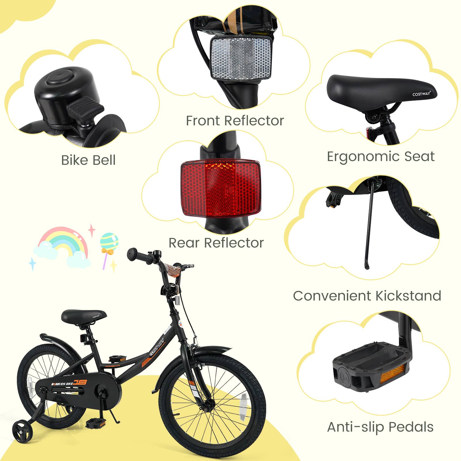 COSTWAY Front Reflector Bike Bell Ergonomic Seat Rear Reflector Convenient Kickstand Anti-slip Pedals