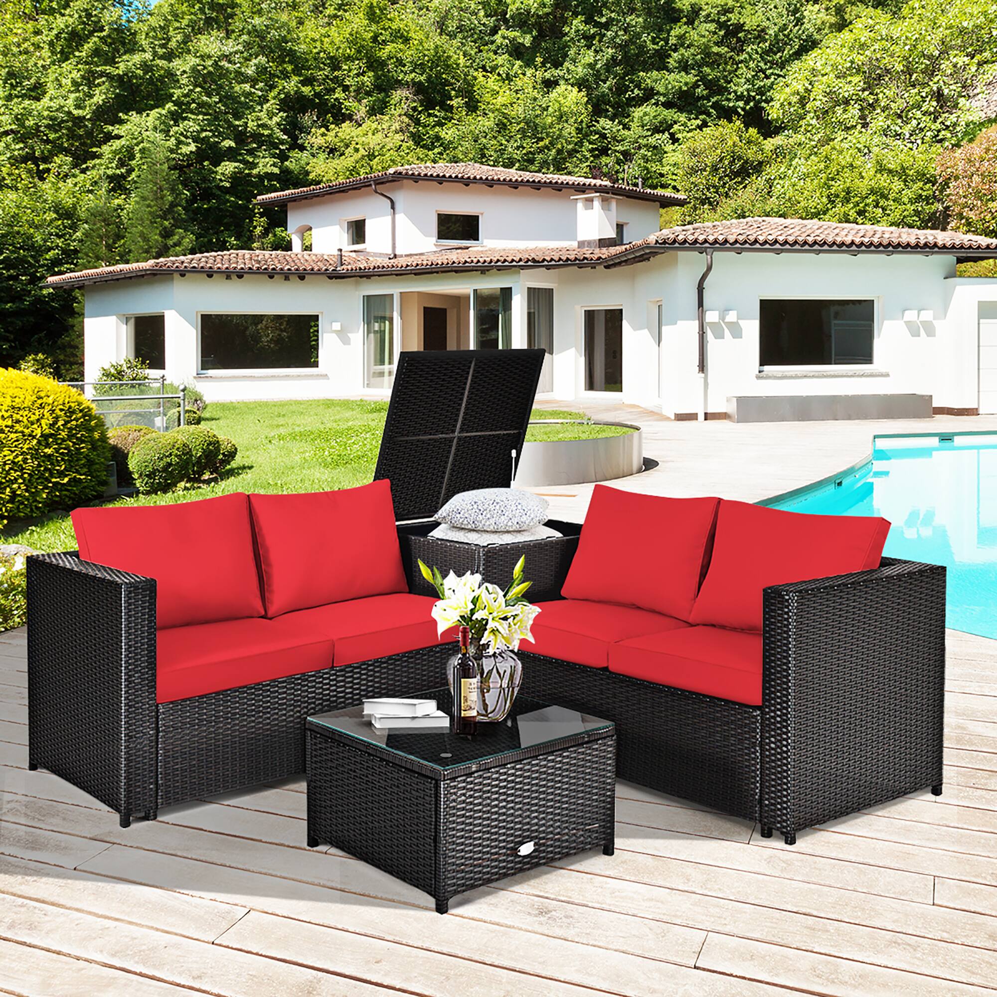 Alt View 2. Costway - Costway 4PCS Outdoor Patio Rattan Furniture Set Cushioned Loveseat Storage Table - Red.