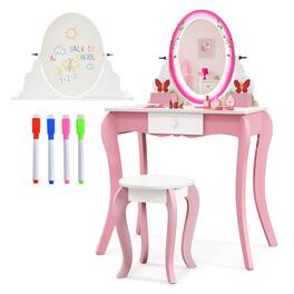 Gymax - Kids Vanity Table Stool Set Pretend Play Makeup Desk with Whiteboard Markers - White, Pink