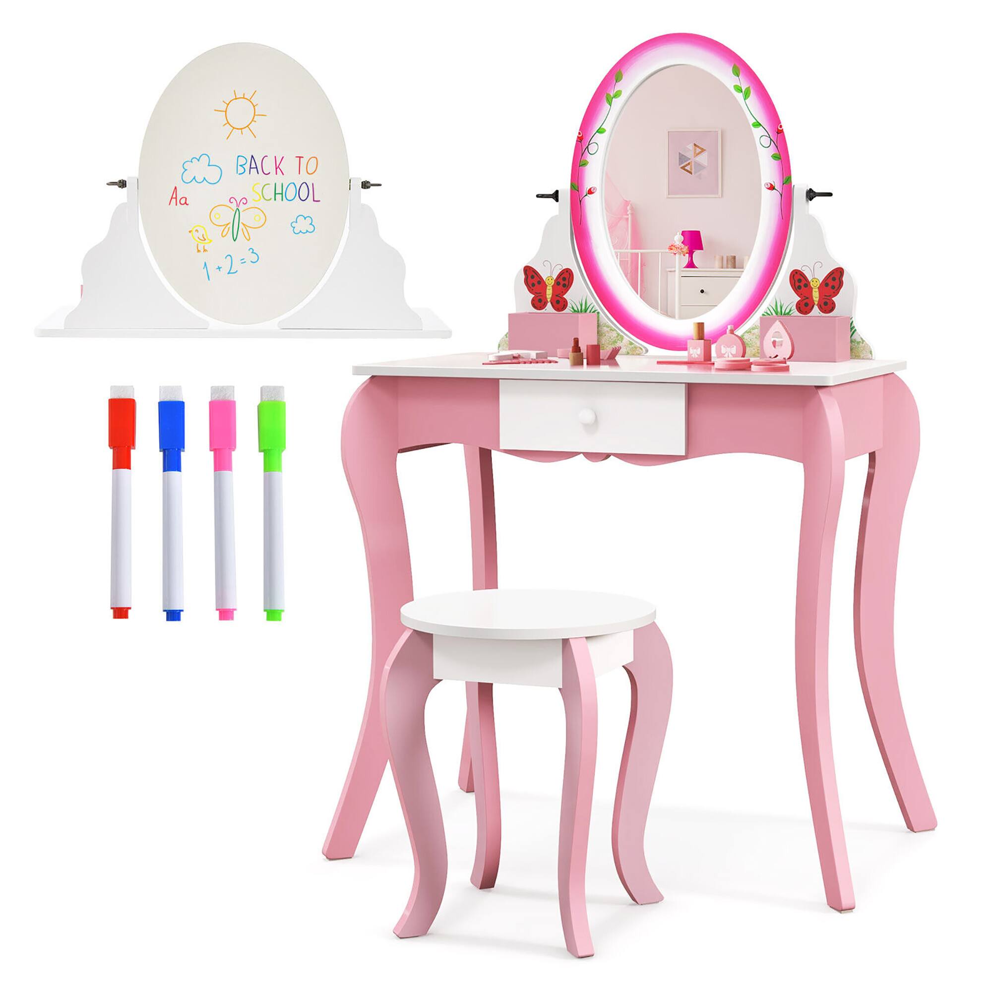 Gymax - Kids Vanity Table Stool Set Pretend Play Makeup Desk with Whiteboard Markers - White, Pink