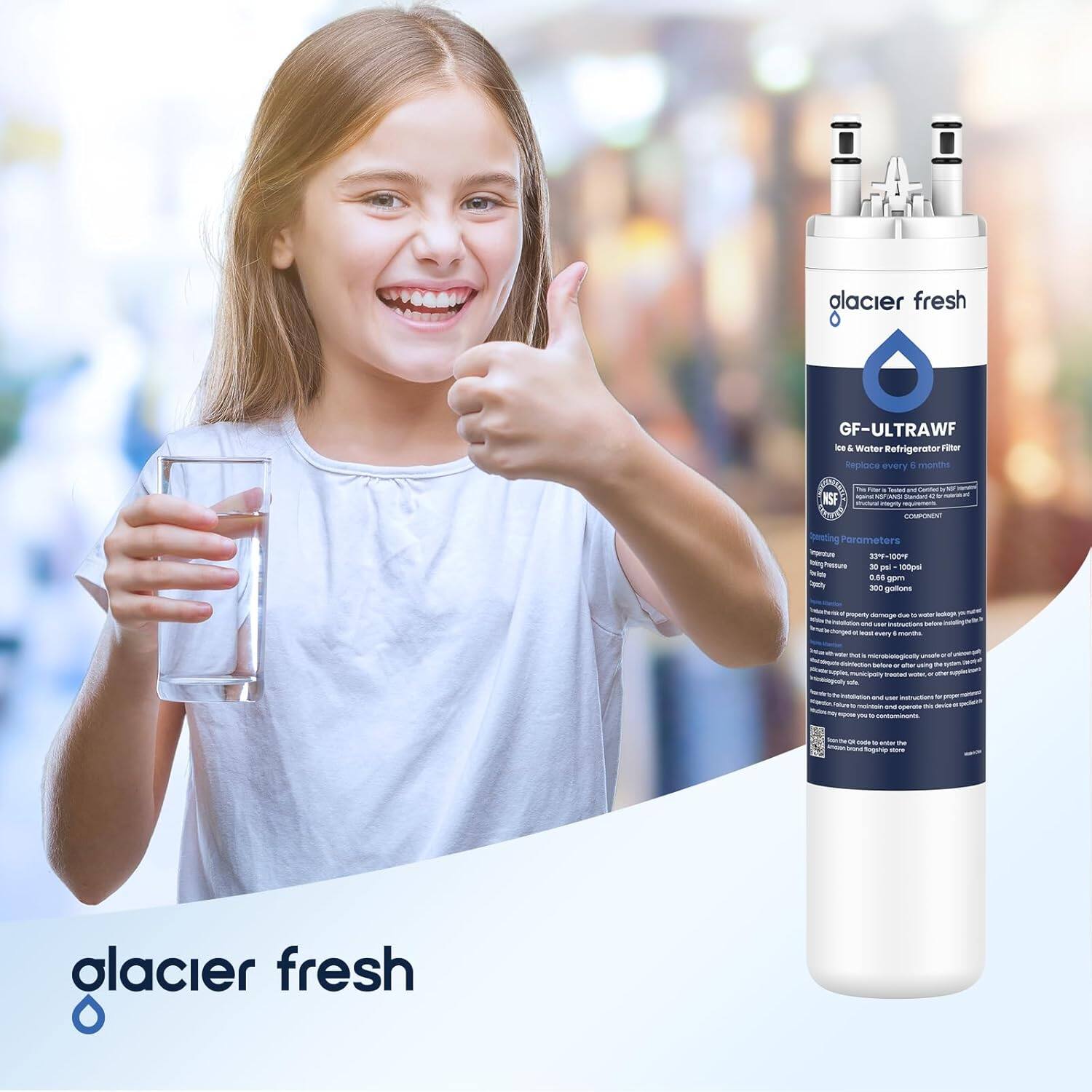 glacier fresh

GF-ULTRAWF  
Ice & Water Refrigerator Filter  
Replace every 6 months

NSF  
COMOREN

Operating Parameters  
Temperature: 32°F - 100°F  
Flow Rate: 300 gallons  
Capacity: 100 gallons  
Filter Life: 6 months

glacier fresh