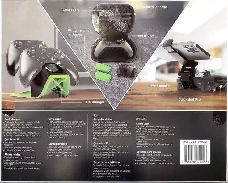 **Dual Charger**
- Dual controller charging system with high capacity rechargeable batteries
- Backlight charge indicators with sleek black out
- Includes 2 rechargeable battery packs, battery covers and USB power cable
- Quickshot Pro
  - Shortens trigger distance for quicker response
  - Improved grip for better control
  - Includes installation/removal tool
- Phone holder
  - Easily attaches your controller for mobile gaming
  - Adjustable viewing angles and fits devices up to 6.5 inches
  - Includes travel pouch and joystick caps

**Lynx Cable**
- High strength, reinforced aramid fibers used both inside and outside of the cable provide superior durability for a much longer lifespan
- Extra long (3m) cable
- Heavy duty anodized aluminum cable connector housing

**Controller Case**
- Designed specifically for storing and protecting your controller
- Handle for easy portability
- Mesh pocket to hold accessories

**Rechargeable Batteries**
- Battery covers

**Quickshot Pro**
- Shortens trigger distance for quicker response
- Improved grip for better control
- Includes installation/removal tool

**Phone Holder**
- Easily attaches your controller for mobile gaming
- Adjustable viewing angles and fits devices up to 6.