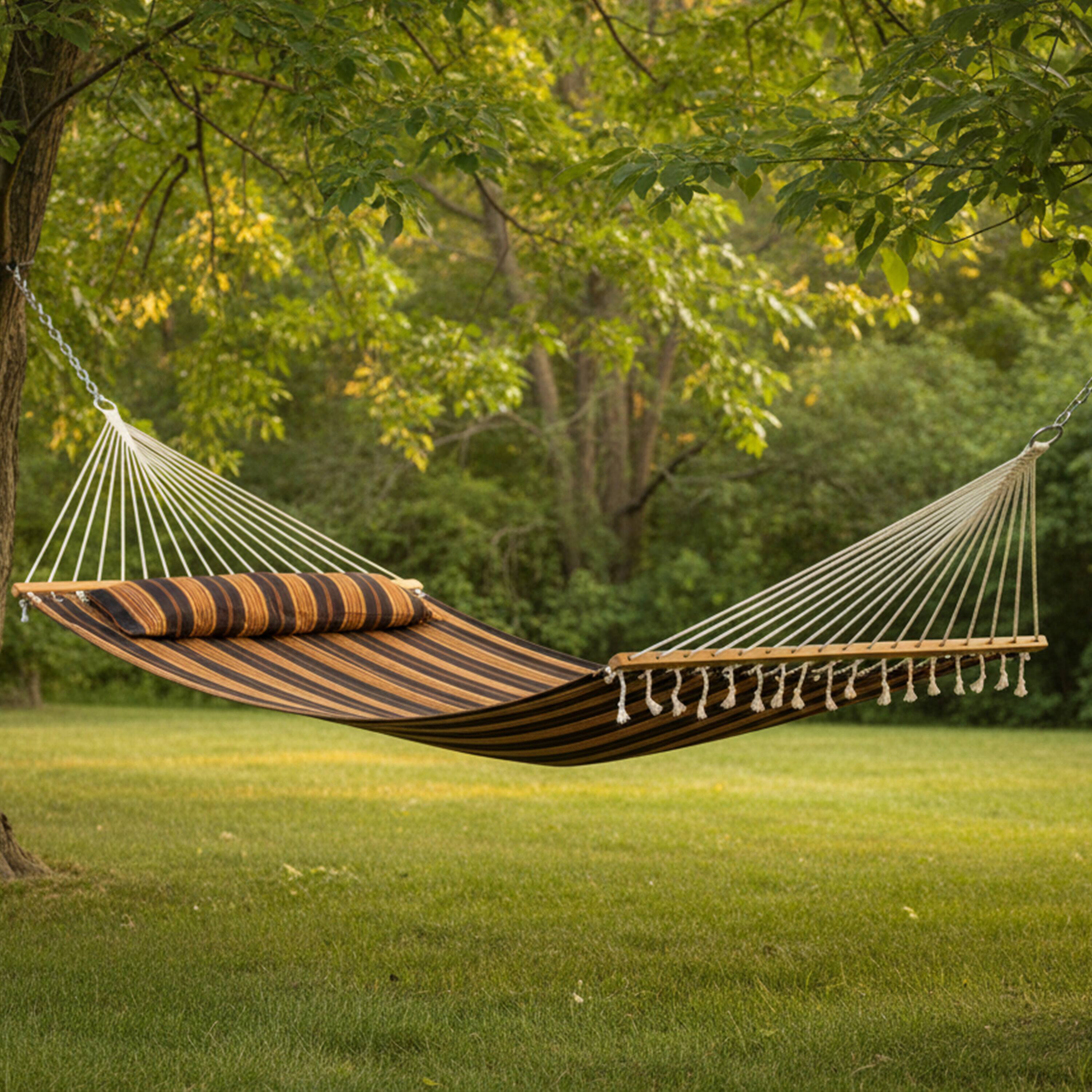 Alt View 7. Sunnydaze - Large Quilted Fabric Hammock with Spreader Bar and Pillow - Woodland Stripe.